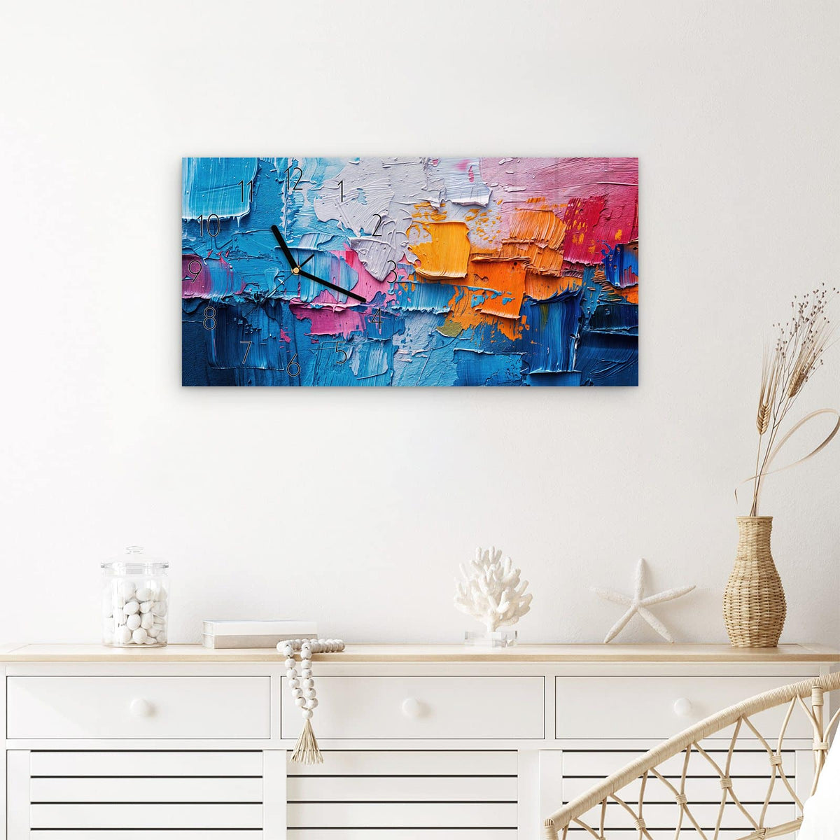 Wanduhr Farbstruktur Artwork aus Glas – Querformat 60 × 30 cm – Pastose Farbschichten in Blau und Orange