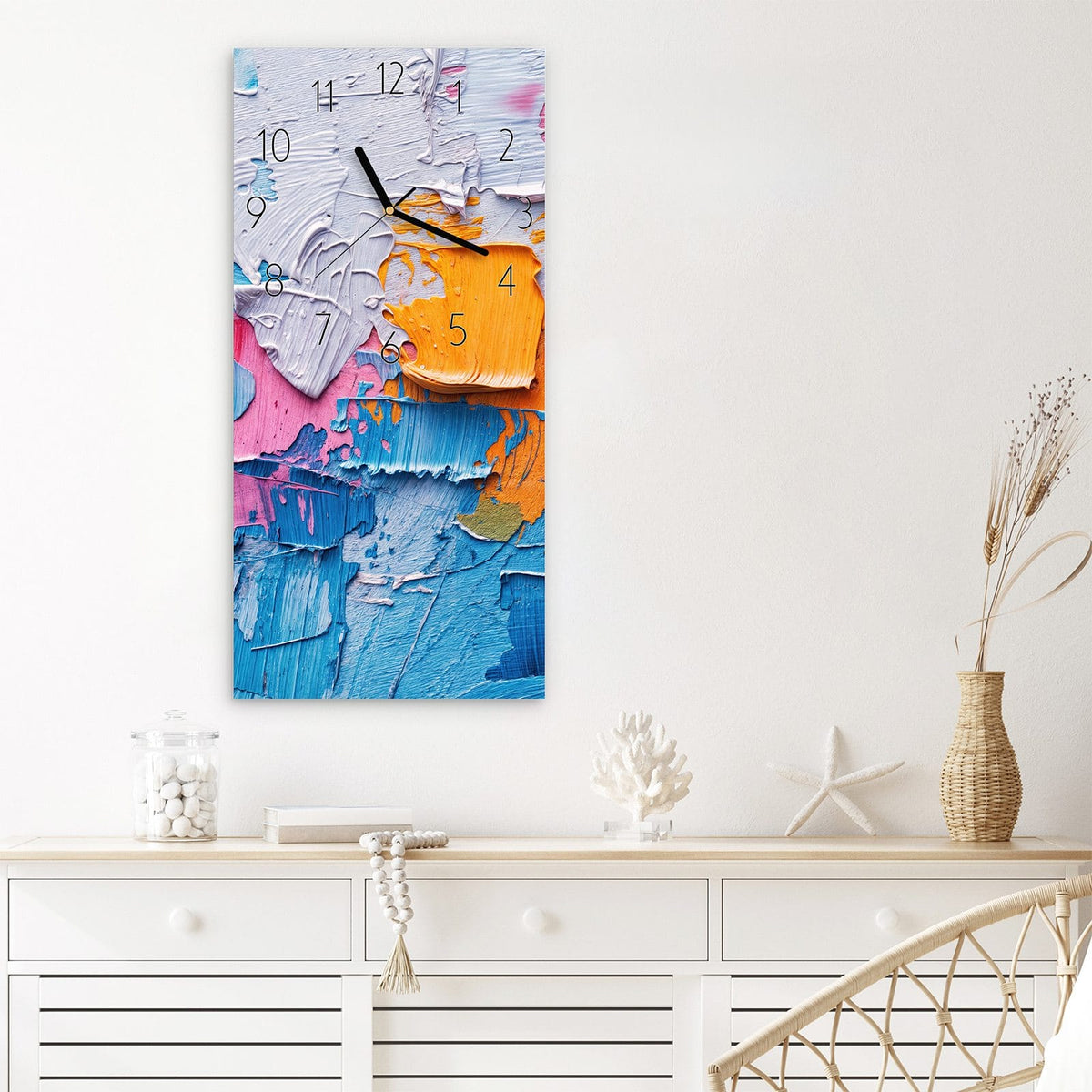 Wanduhr Farbstruktur Artwork aus Glas – Pastose Farbschichten in Blau und Orange