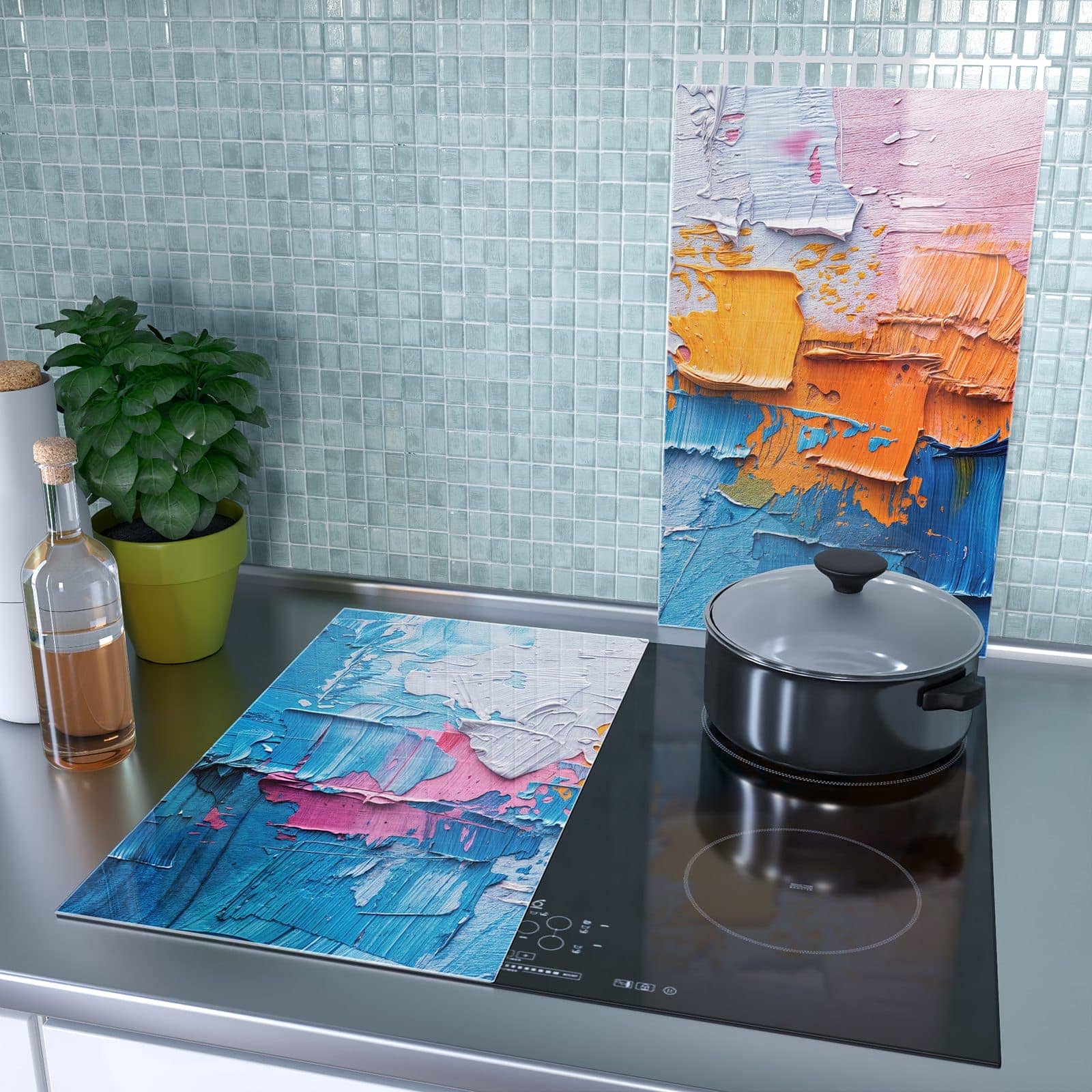 2-teilige Glasplatte für Herd mit Farbstruktur Artwork-Motiv als Spritzschutz hinter dem Kochfeld