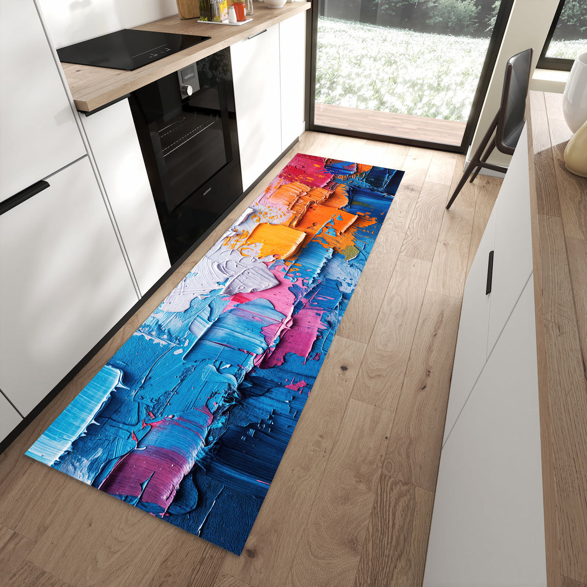 Rutschfester waschbarer Küchenteppich mit Motiv Farbstruktur Artwork in moderner Küche