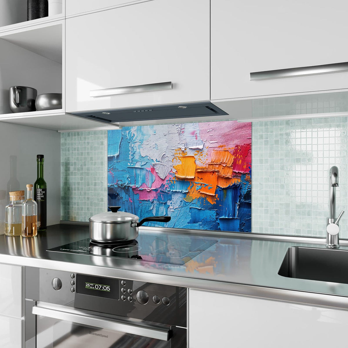 Küchenrückwand aus Glas Dicke Farbschichten im Hochformat als Spritzschutz hinter dem Kochfeld, über dem Fliesenspiegel montiert