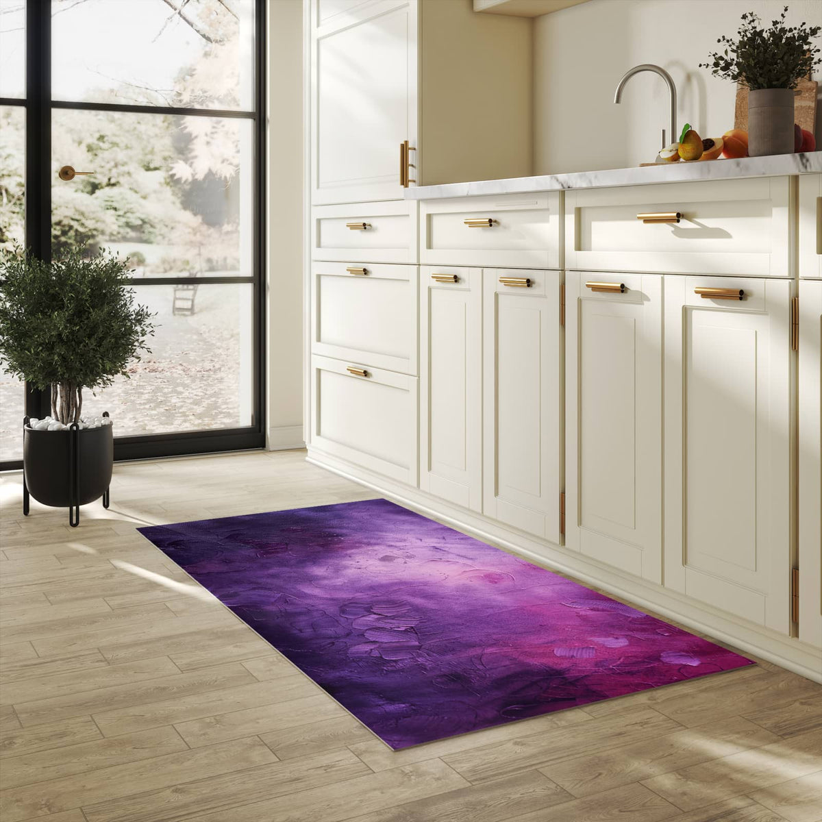 Küchenteppich mit Motiv Textur Mischung Lila für Ordnung in heller Küche