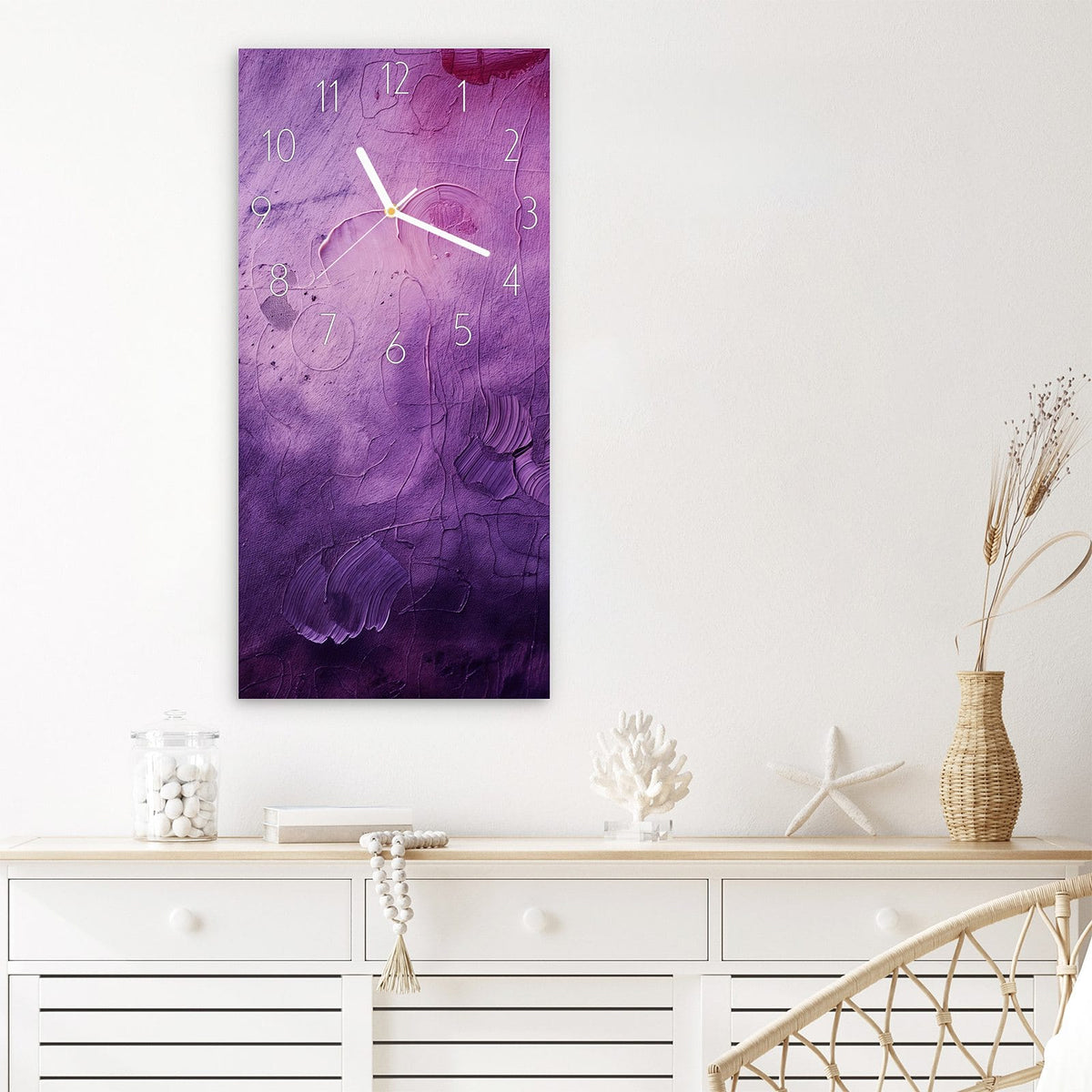 Wanduhr Textur Mischung Lila aus Glas – Violette Pinselstriche mit Blauakzenten