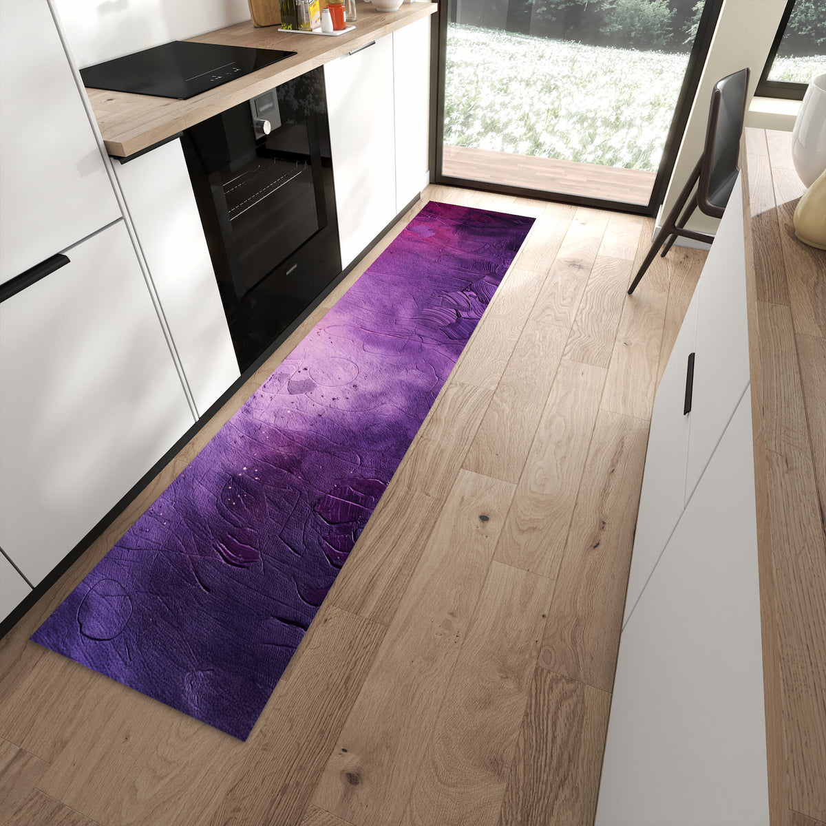 Bodenschonender langer Teppich mit Motiv Textur Mischung Lila in moderner Küche