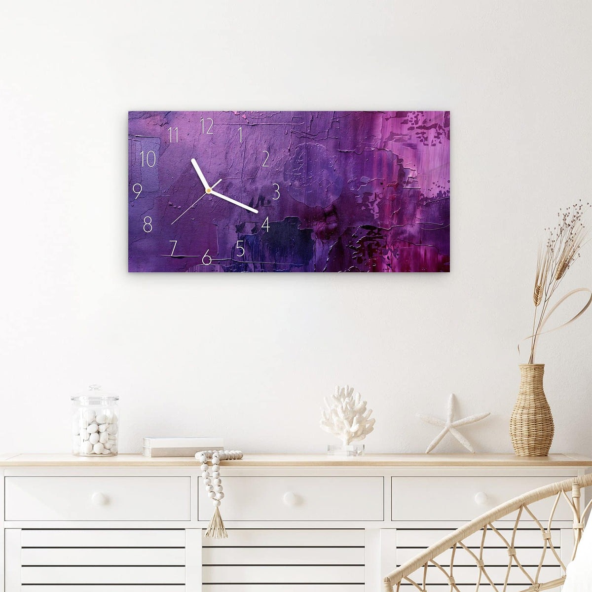 Wanduhr Abstrakte Textur Kunst aus Glas – Querformat 60 × 30 cm – Pastose Farbe in Violett und Pink