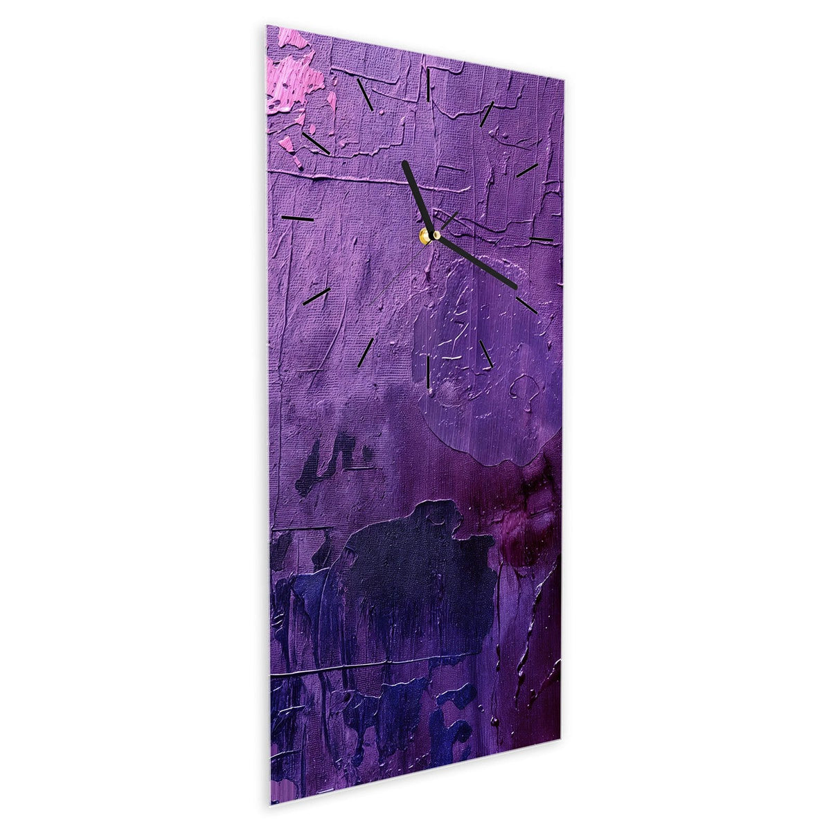 Wanduhr aus Glas im Hochformat Violette Farbschichten schräg von der Seite, 4 mm starkes Glas