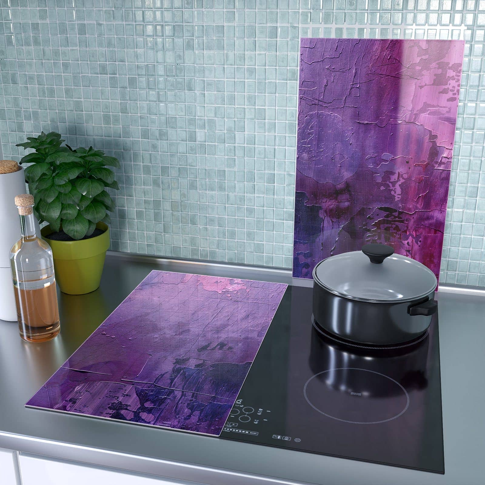 2-teilige Abdeckplatte für Ceranfeld mit Abstrakte Textur Kunst-Motiv als Spritzschutz hinter dem Kochfeld