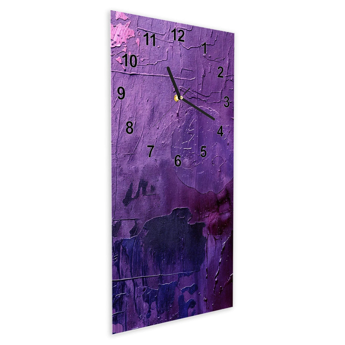 Wanduhr aus Glas im Hochformat Violette Farbschichten schräg von der Seite, 4 mm starkes Glas