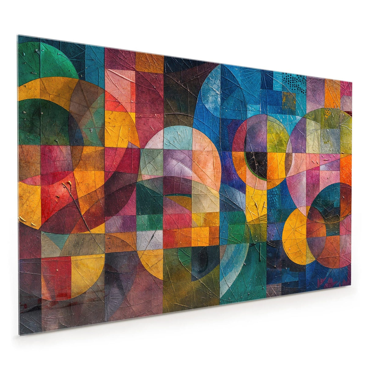 Küchenrückwand aus Glas im Hochformat: Raster aus farbigen Quadraten mit großen überlagerten Kreisen und Bögen, pastos gemalt
