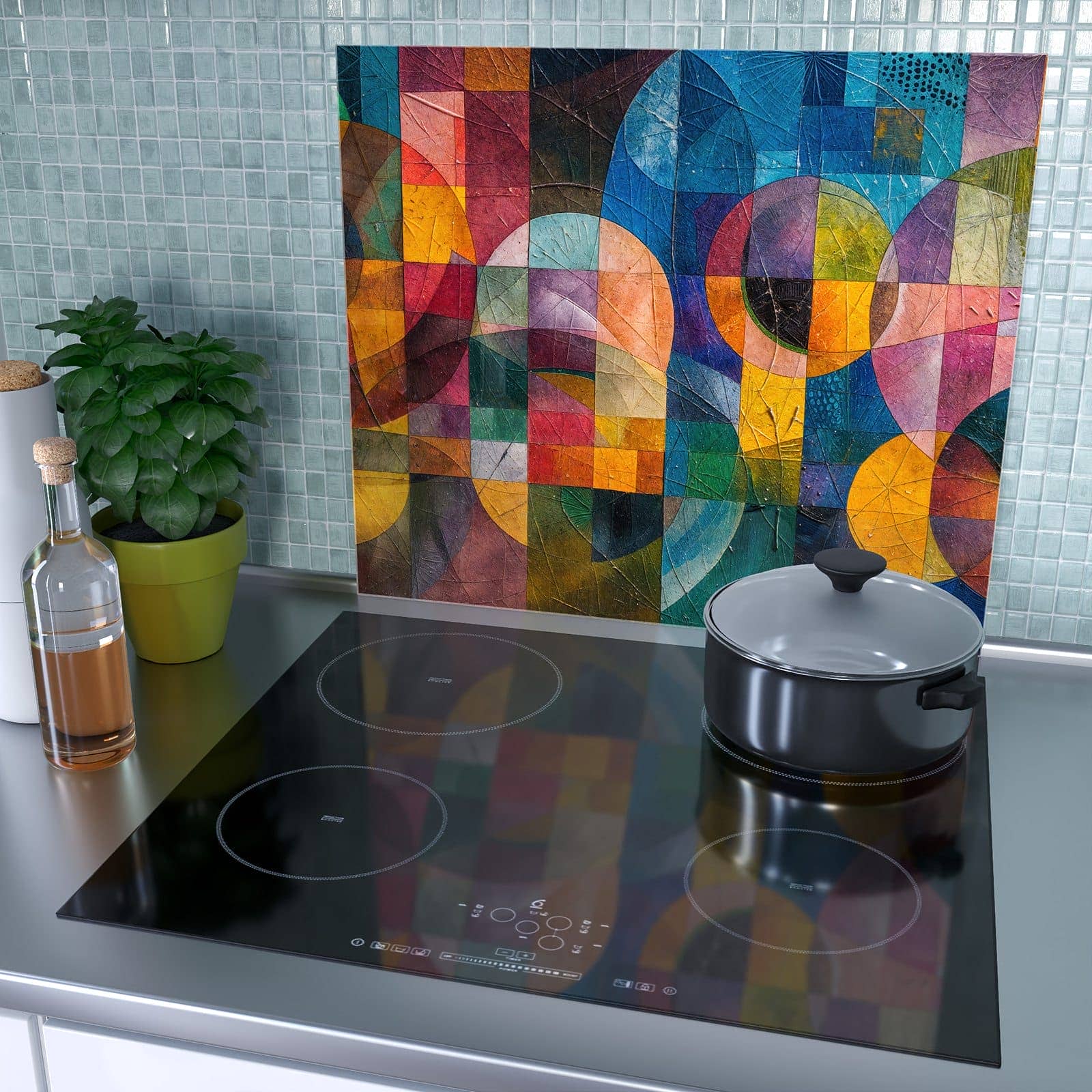 1-teilige Herdabdeckplatte mit Geometrische Farbexplosion-Motiv als Spritzschutz hinter dem Kochfeld