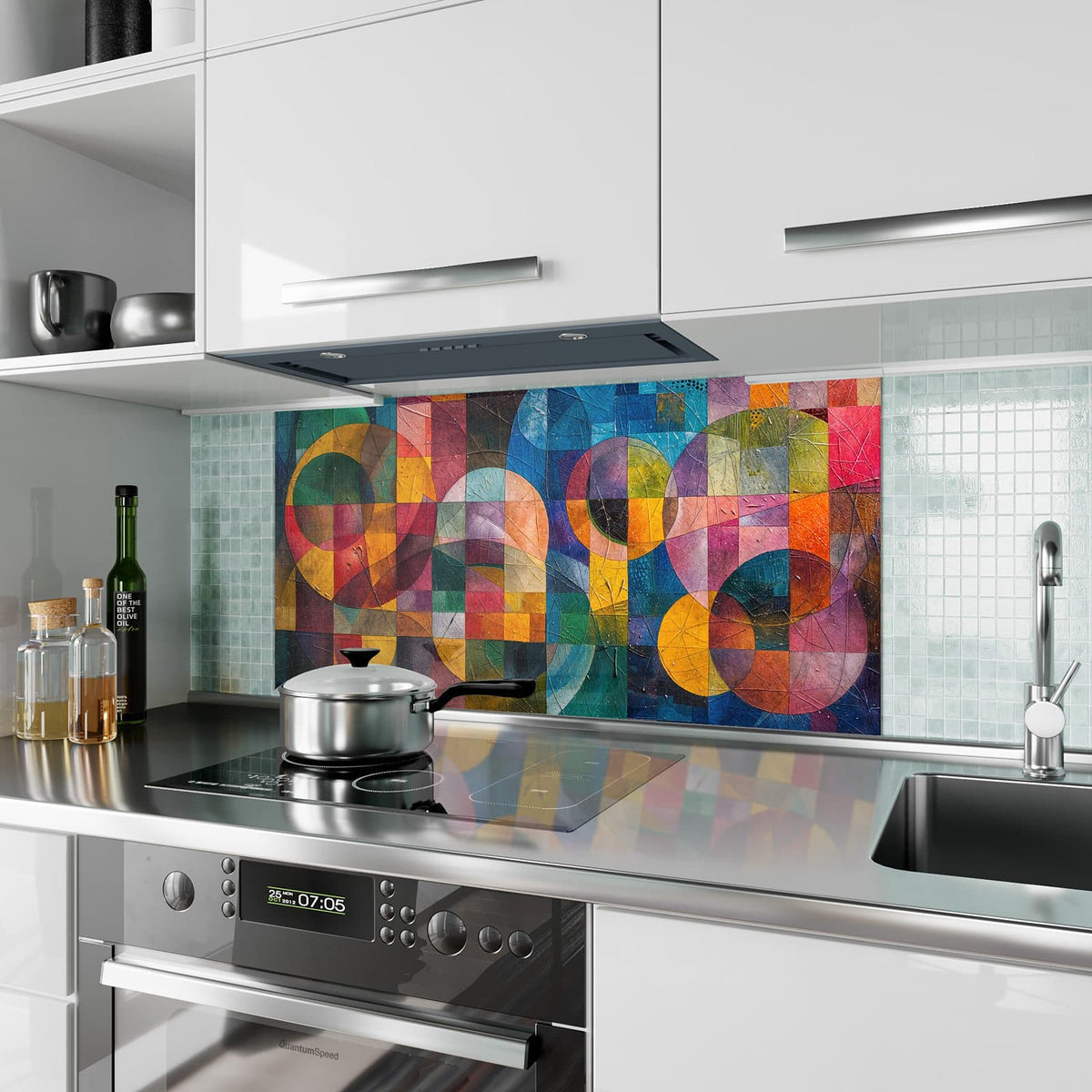 Küchenrückwand aus Glas Kreise und Quadrate im Hochformat als Spritzschutz hinter dem Kochfeld, über dem Fliesenspiegel montiert