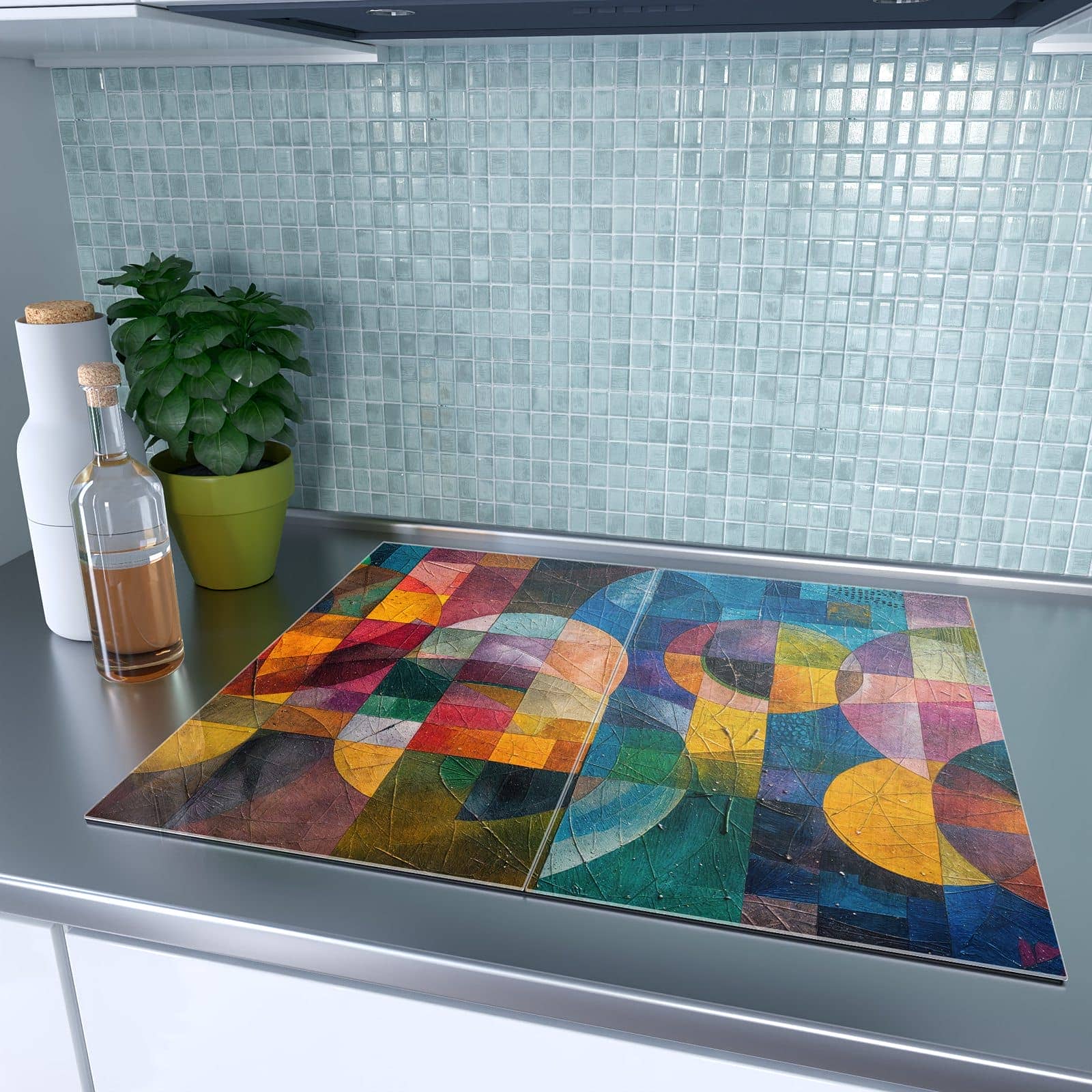 2-teilige Herdabdeckplatten mit Geometrische Farbexplosion-Motiv auf dem Ceranfeld