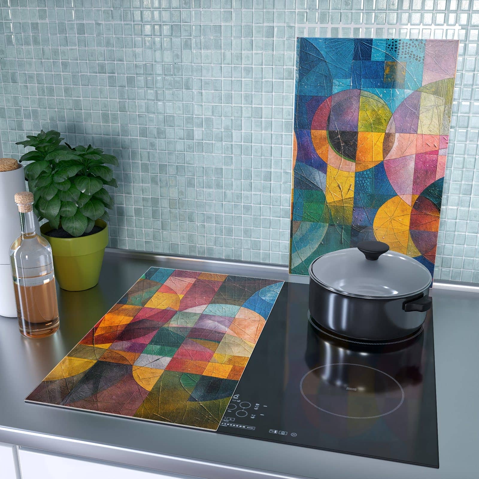 2-teilige Glasplatte für Herd mit Geometrische Farbexplosion-Motiv als Spritzschutz hinter dem Kochfeld