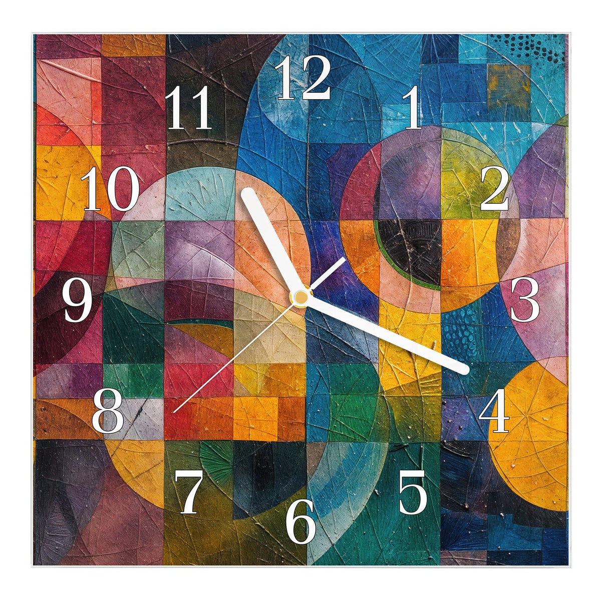 Wanduhr aus Glas, Ziffernblatt Klassisch: Raster aus farbigen Quadraten mit großen überlagerten Kreisen und Bögen, pastos gemalt