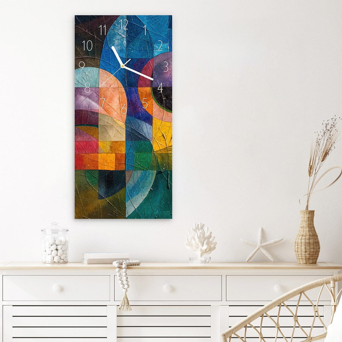Wanduhr Geometrische Farbexplosion aus Glas – Hochformat 30 × 60 cm – Überlappende Kreise und Quadrate