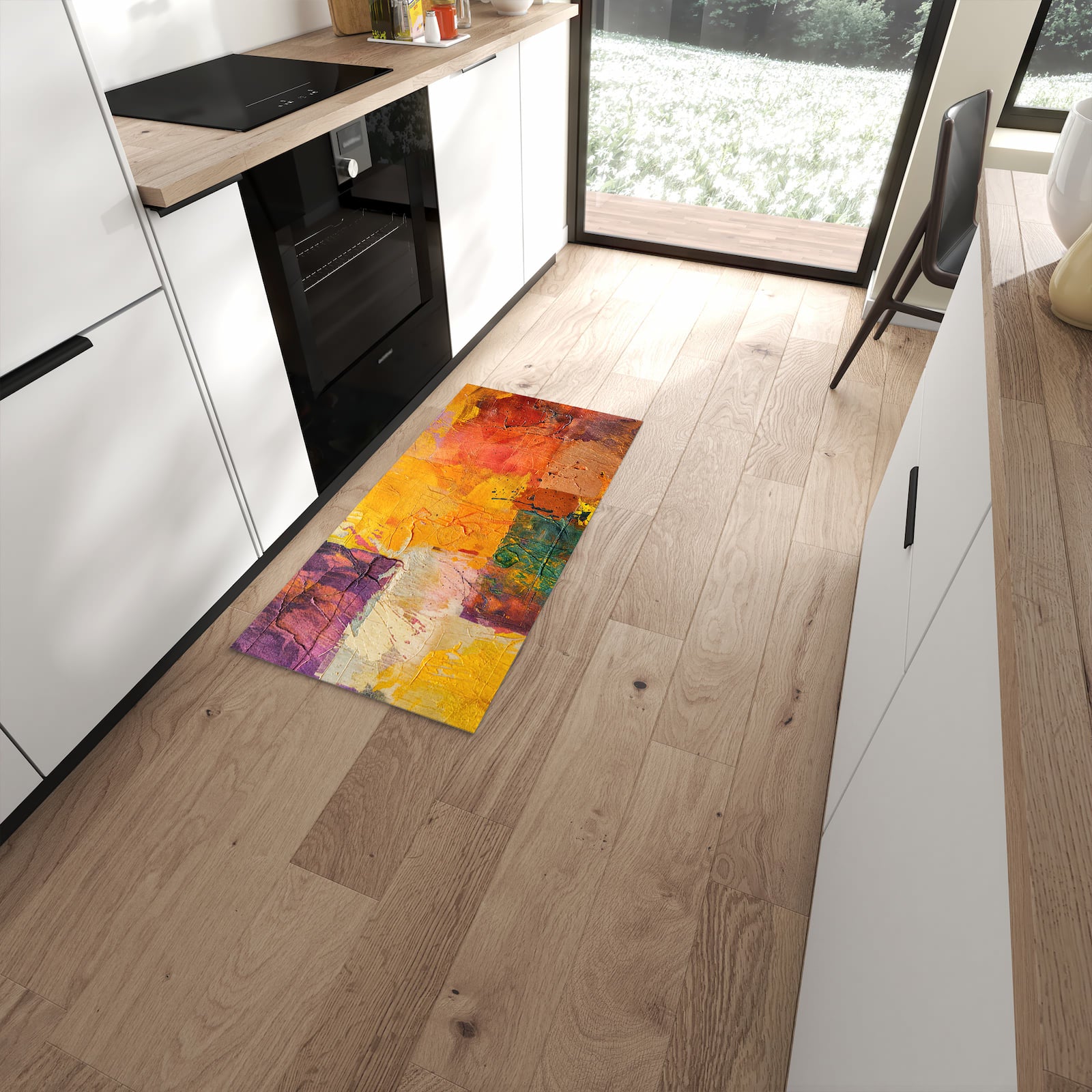 Rutschfester Küchenläufer mit Motiv Farbenfrohe Leinwand schützt Böden in moderner Küche #grösse_60 x 120 cm