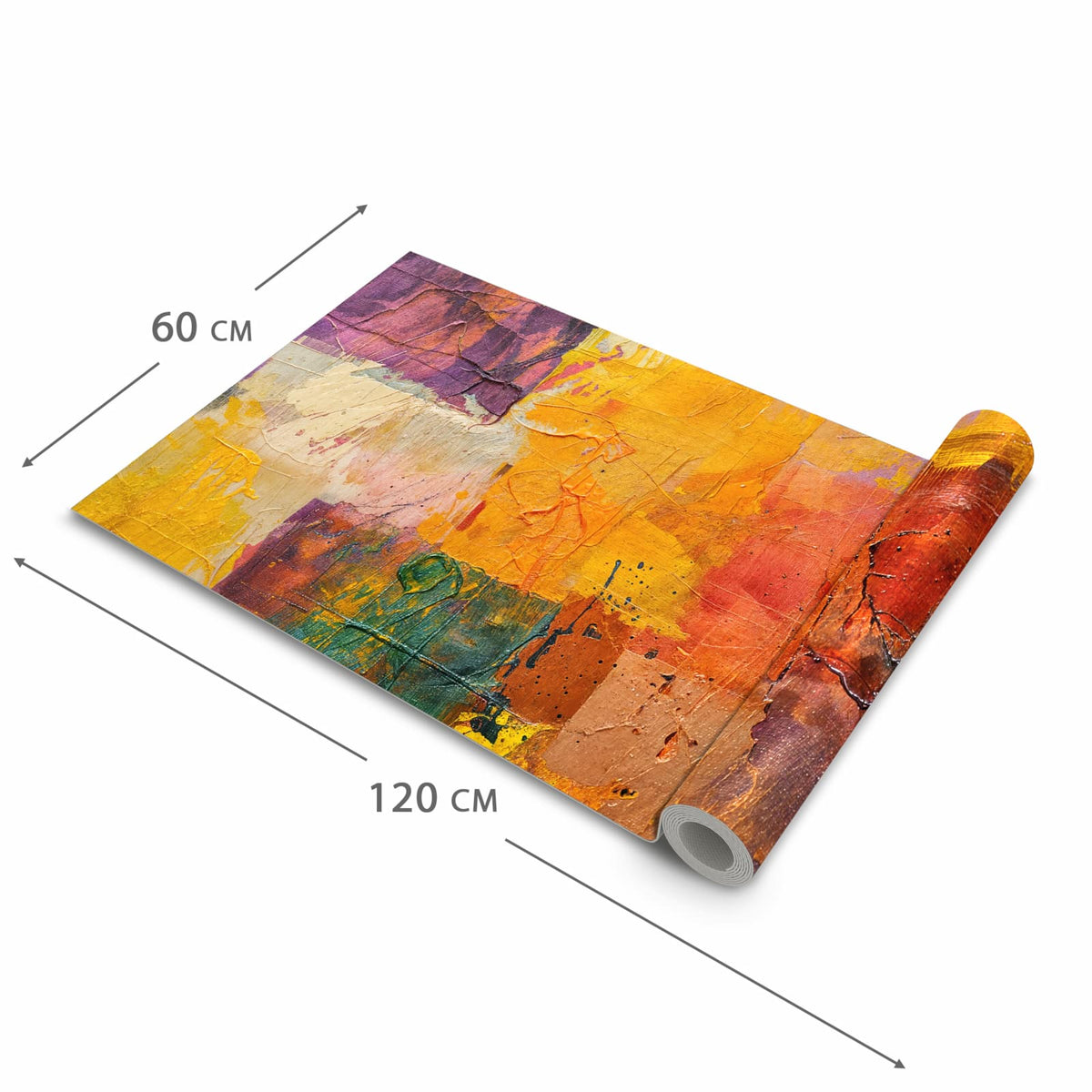 Küchenläufer Farbflächen in Gelb halb aufgerollt mit Maßangaben: Gesamtgröße 60 × 120 cm