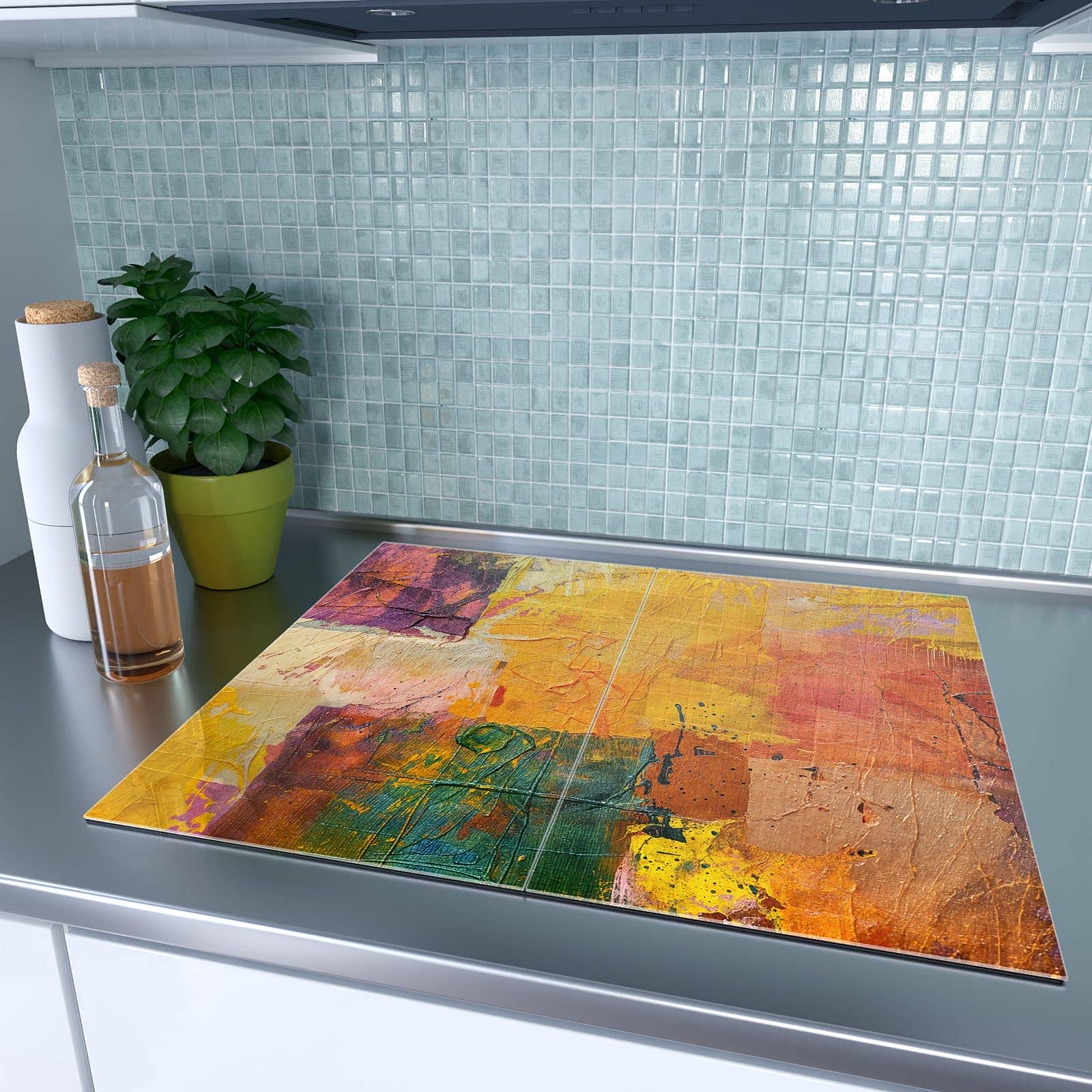 2-teilige Abdeckplatte Ceranfeld mit Farbenfrohe Leinwand-Motiv auf dem Ceranfeld
