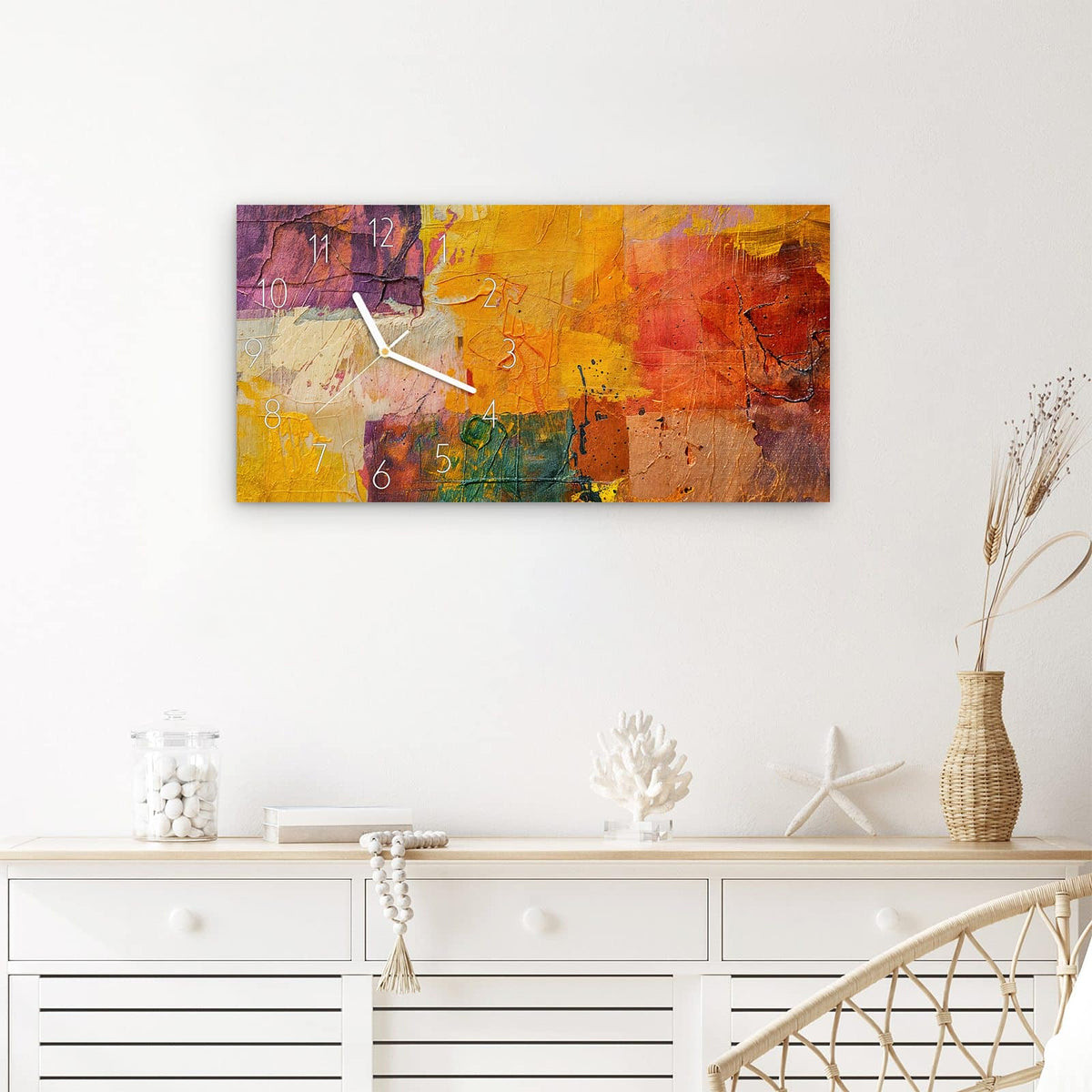 Wanduhr Farbenfrohe Leinwand aus Glas – Querformat 60 × 30 cm – Kaleidoskop aus Orange und Lila