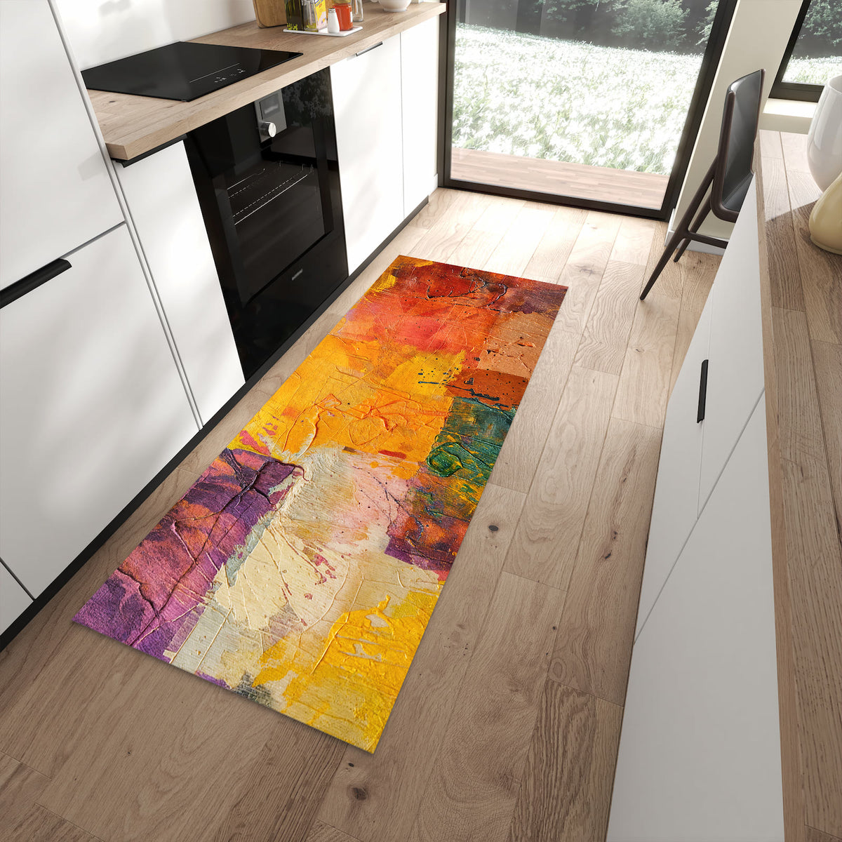 Küchenteppich Farbflächen in Gelb 80 × 200 cm vor der Küchenzeile auf hellem Holzboden