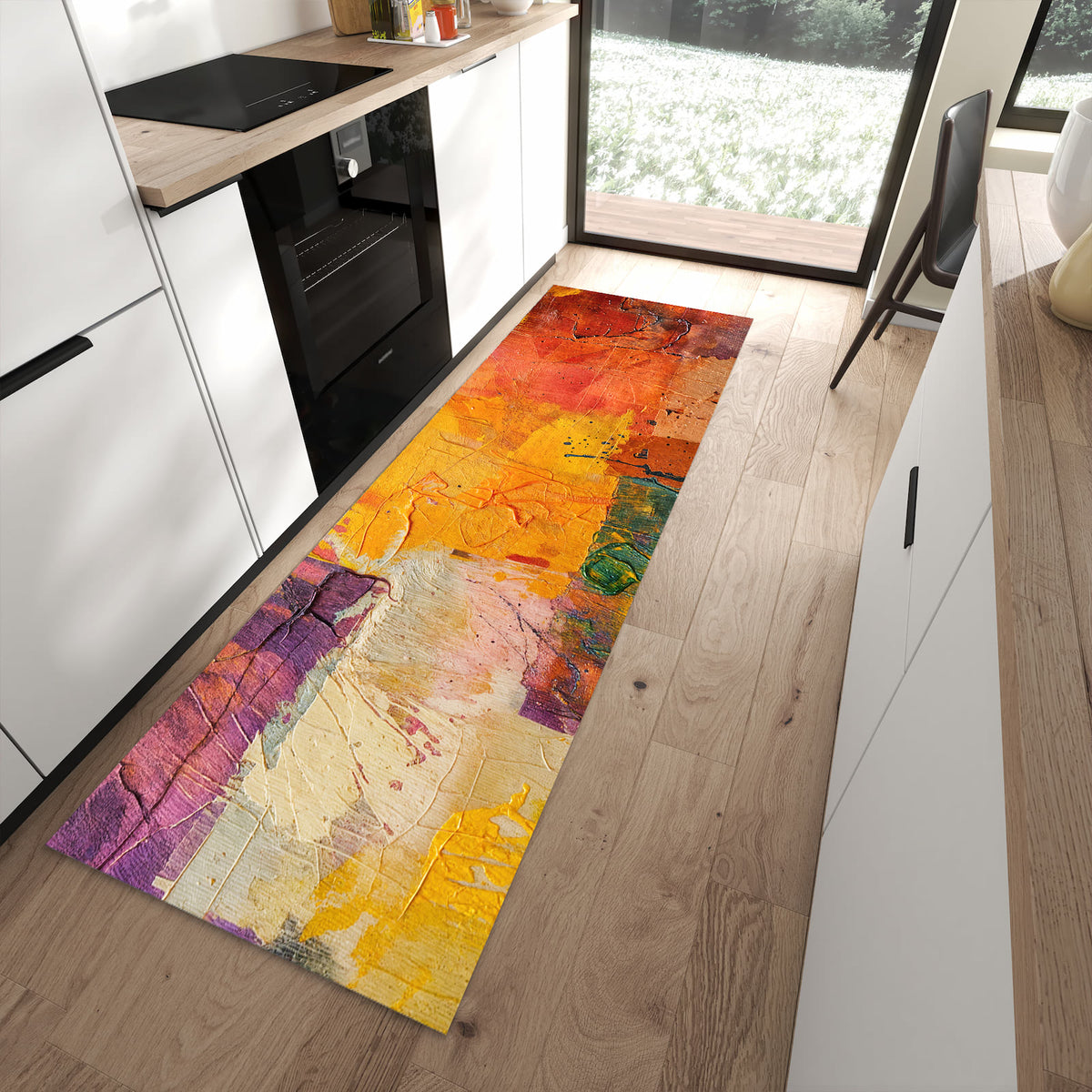Küchenteppich Farbflächen in Gelb 80 × 250 cm vor der Küchenzeile auf hellem Holzboden