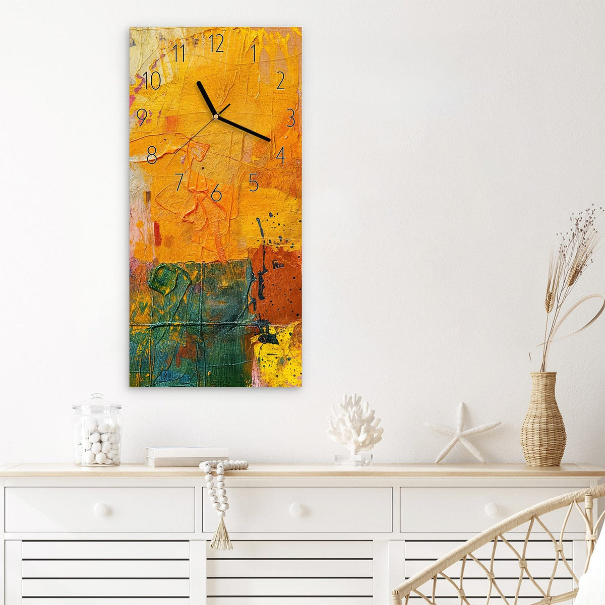 Wanduhr Farbenfrohe Leinwand aus Glas – Kaleidoskop aus Orange und Lila