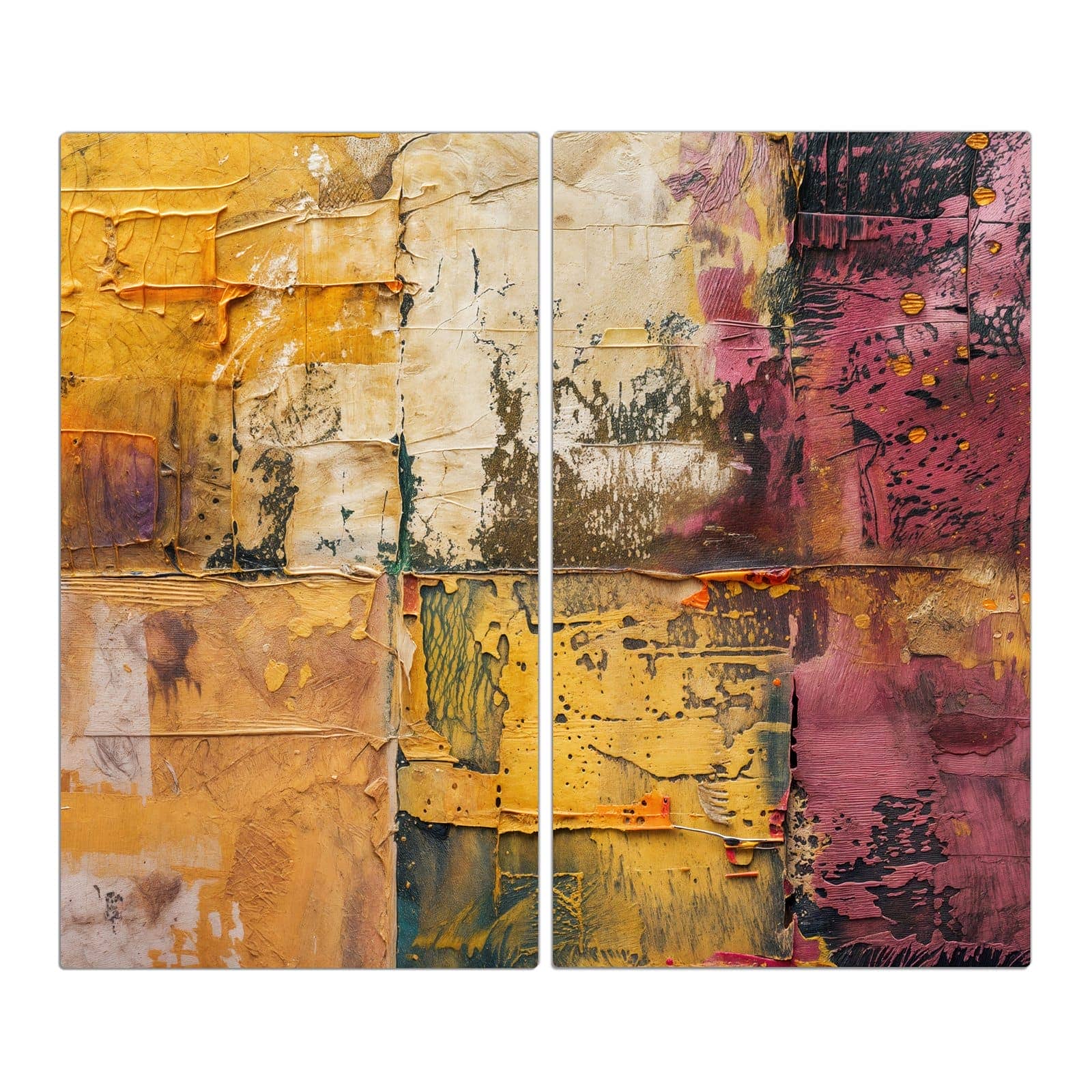 2-teilige Herdabdeckung aus Glas mit Kunst Collage Textur-Motiv in der Frontansicht