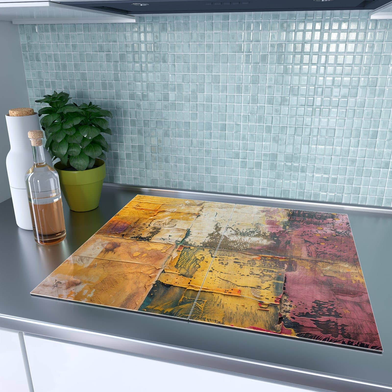 2-teilige Herdabdeckung mit Kunst Collage Textur-Motiv auf dem Ceranfeld