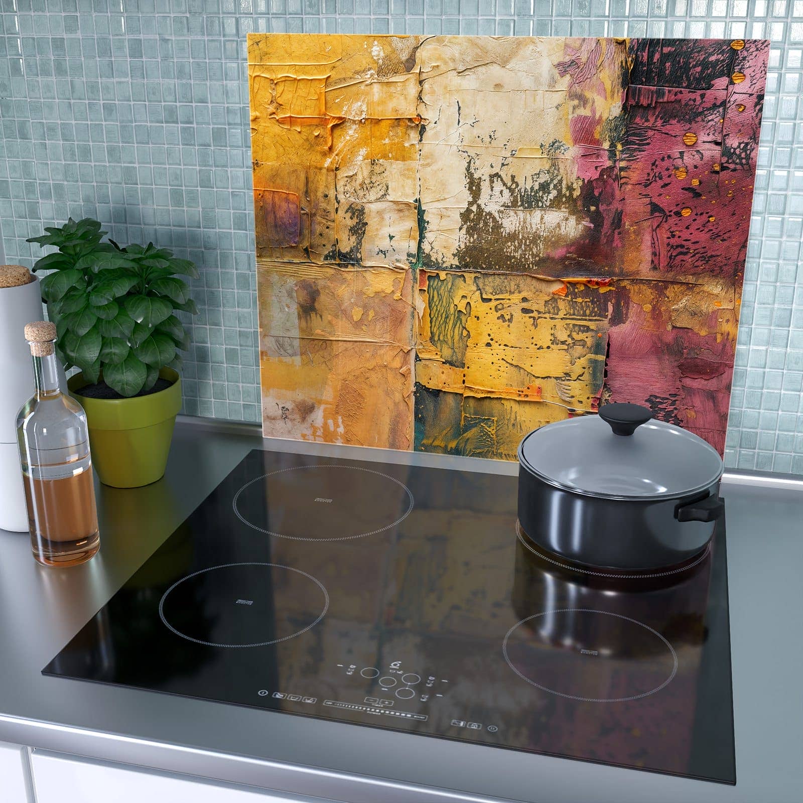 1-teilige Herdabdeckung mit Kunst Collage Textur-Motiv als Spritzschutz hinter dem Kochfeld