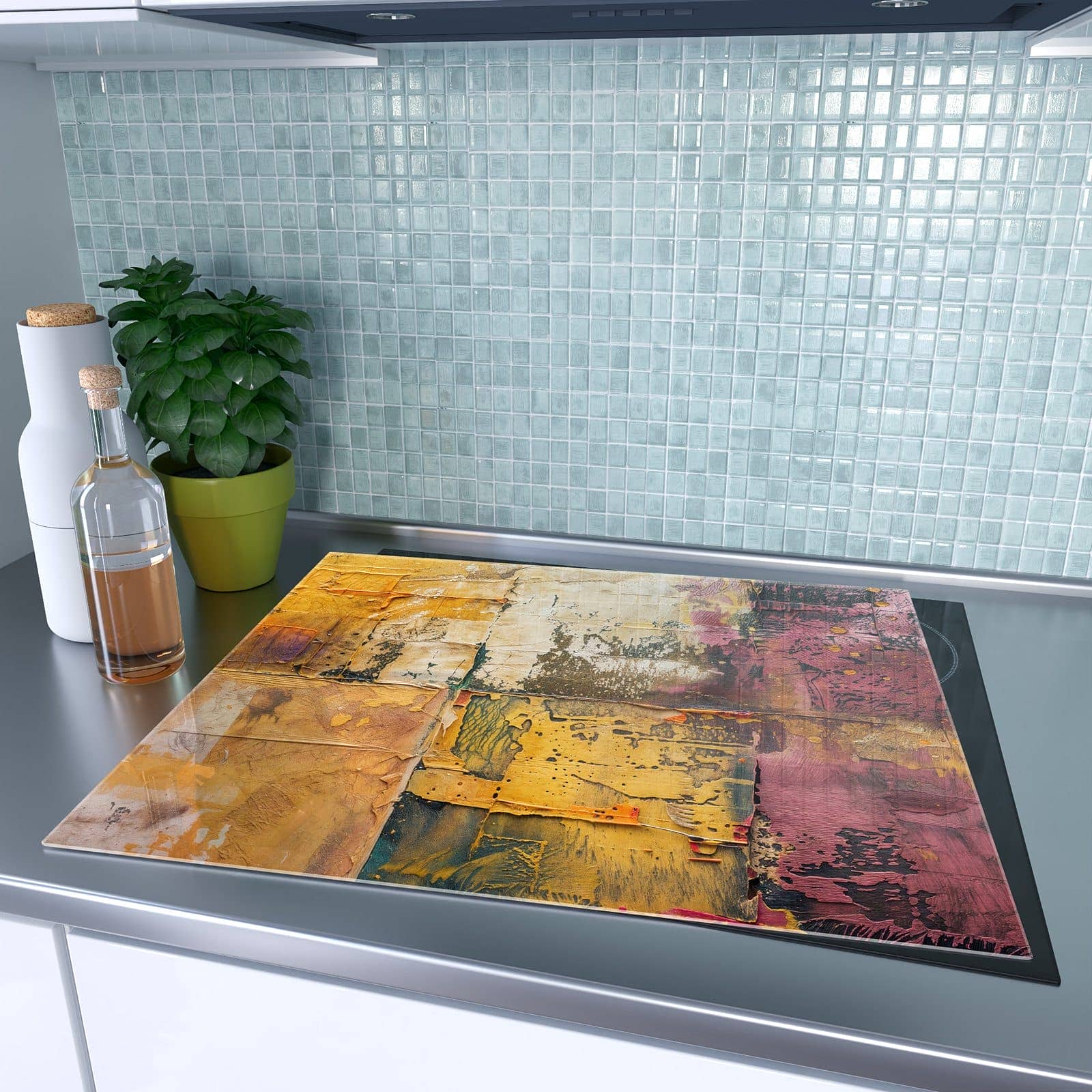 1-teilige Abdeckplatte für Induktionsherd mit Kunst Collage Textur-Motiv auf dem Ceranfeld