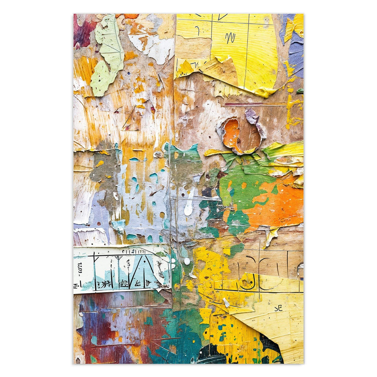 Wand aus abgerissenen Plakatschichten, Papierfetzen in Gelb, Grün und Orange