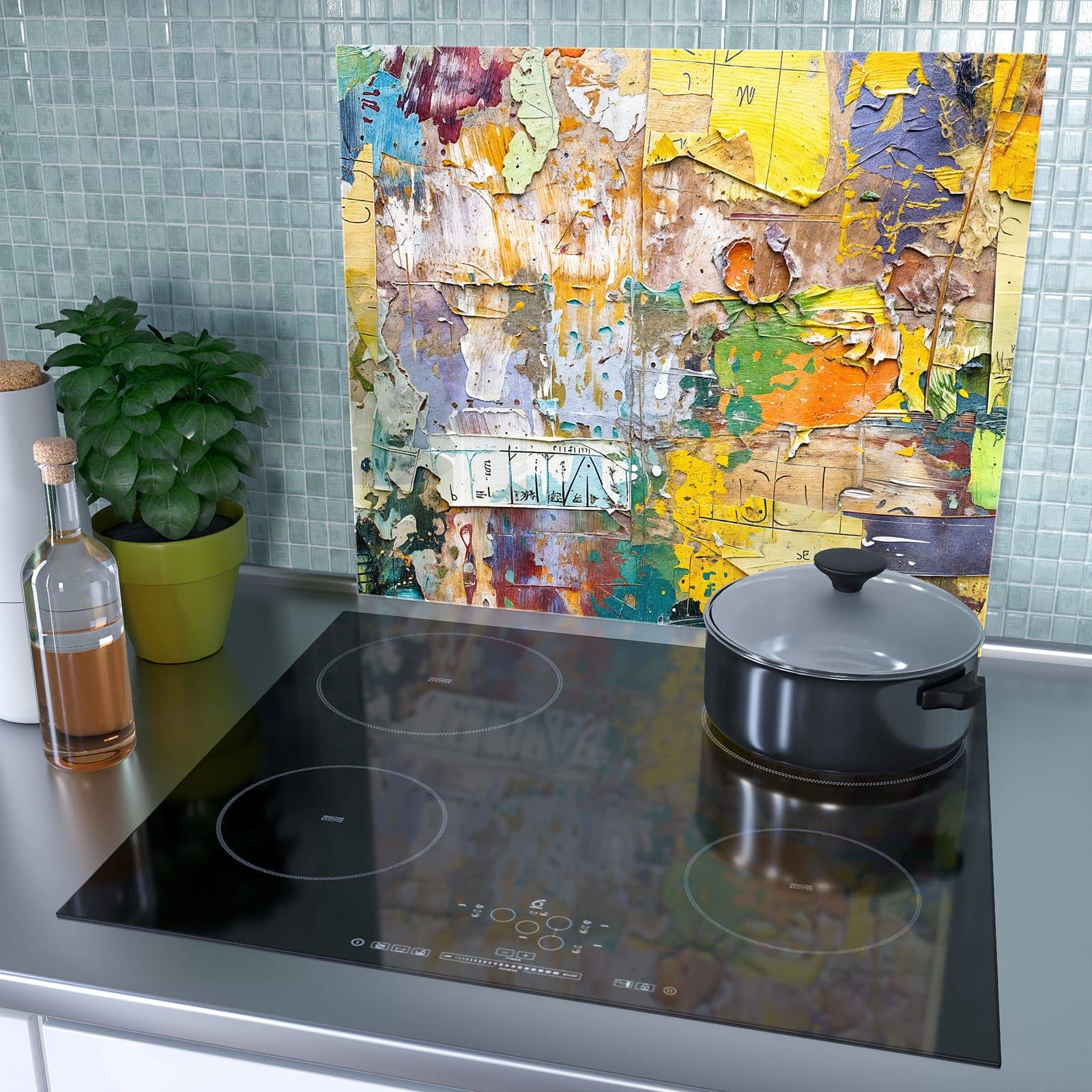 1-teilige Kochfeldabdeckung mit Abstrakte & Kunst-Motiv als Spritzschutz hinter dem Kochfeld