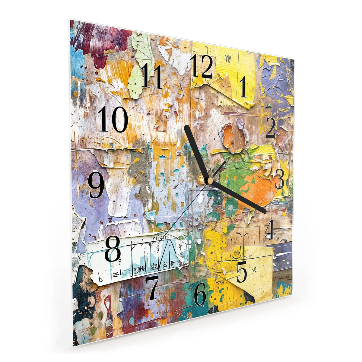 Quadratische Wanduhr aus Glas Abgerissene Plakate schräg von der Seite, 4 mm starkes Glas