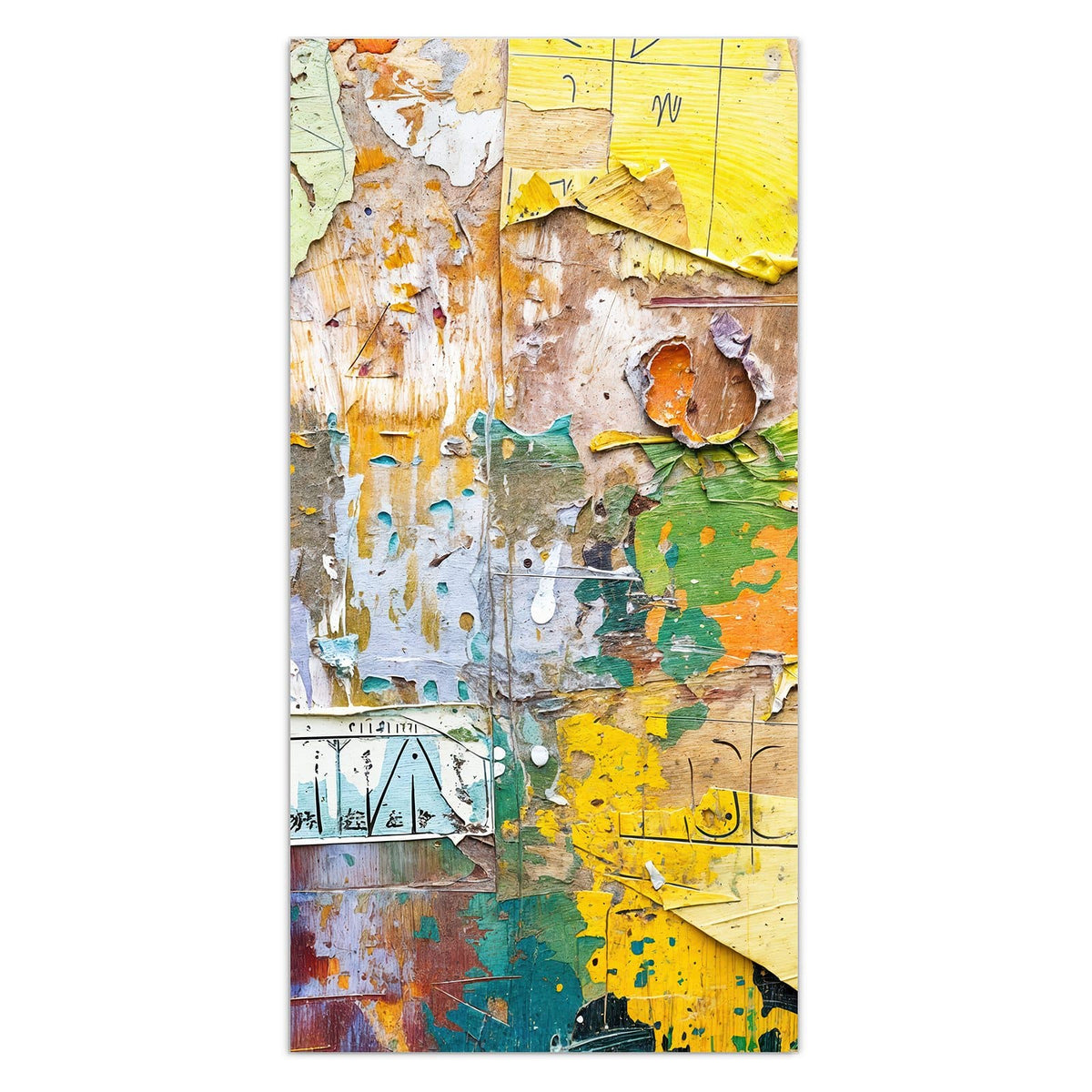 Wand aus abgerissenen Plakatschichten, Papierfetzen in Gelb, Grün und Orange