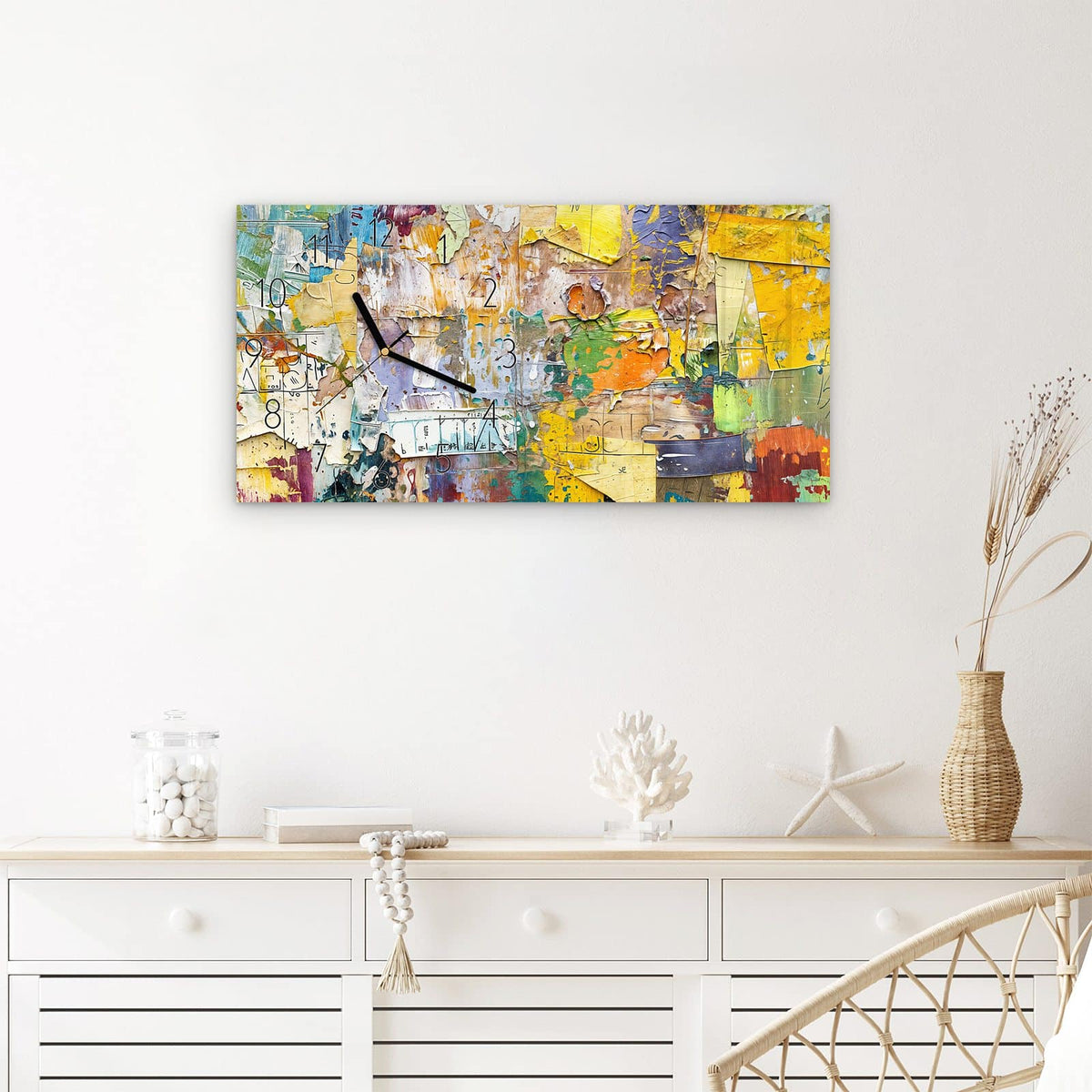 Wanduhr Abstrakte & Kunst aus Glas – Querformat 60 × 30 cm – Farbschichten wie eine Collage