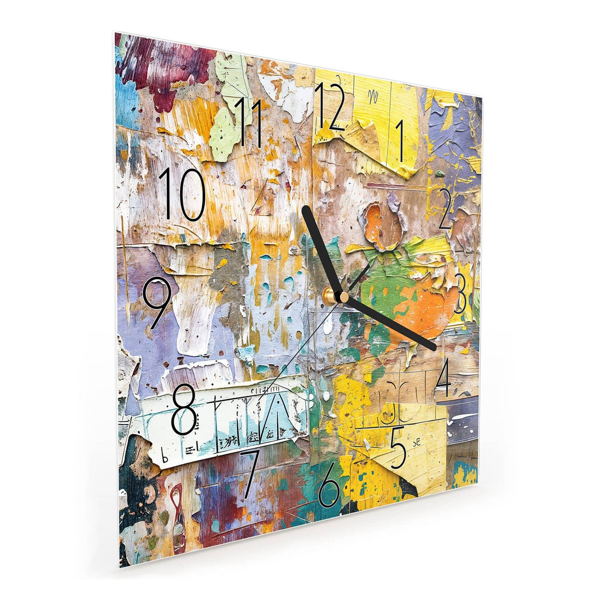 Quadratische Wanduhr aus Glas Abgerissene Plakate schräg von der Seite, 4 mm starkes Glas