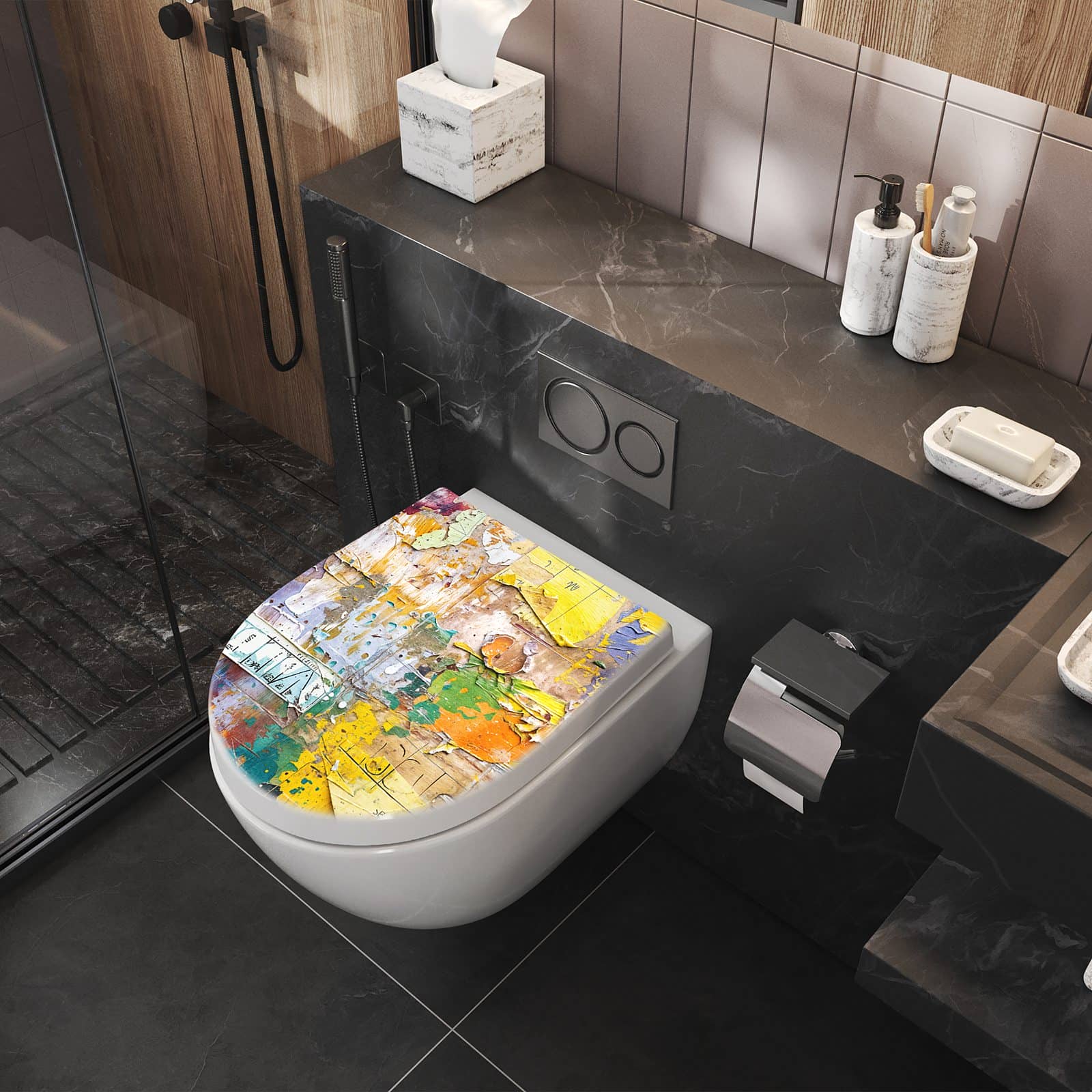 Kratzfeste Klobrille mit Absenkautomatik und Motiv Abstrakte & Kunst im Badezimmer seitlich