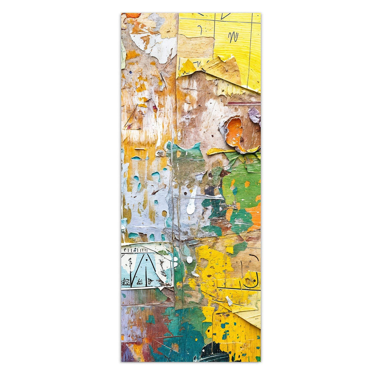 Wand aus abgerissenen Plakatschichten, Papierfetzen in Gelb, Grün und Orange