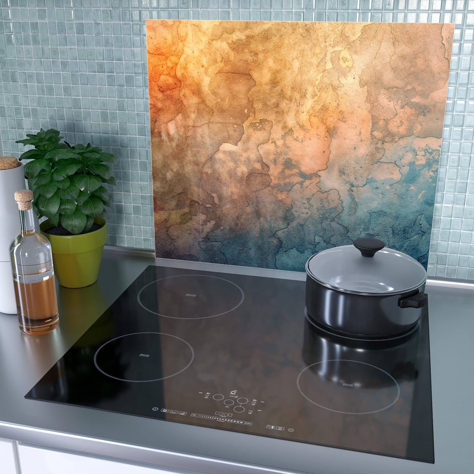 1-teilige Abdeckung für Herdplatten mit Aquarellkunst-Motiv als Spritzschutz hinter dem Kochfeld