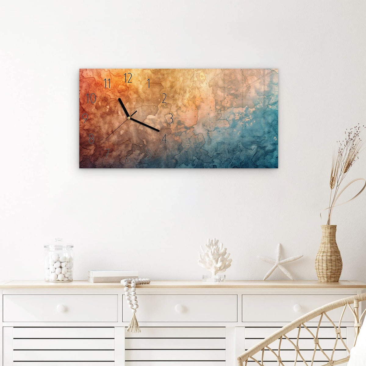 Wanduhr Aquarellkunst aus Glas – Querformat 60 × 30 cm – Aquarellverlauf von Rot zu Blau