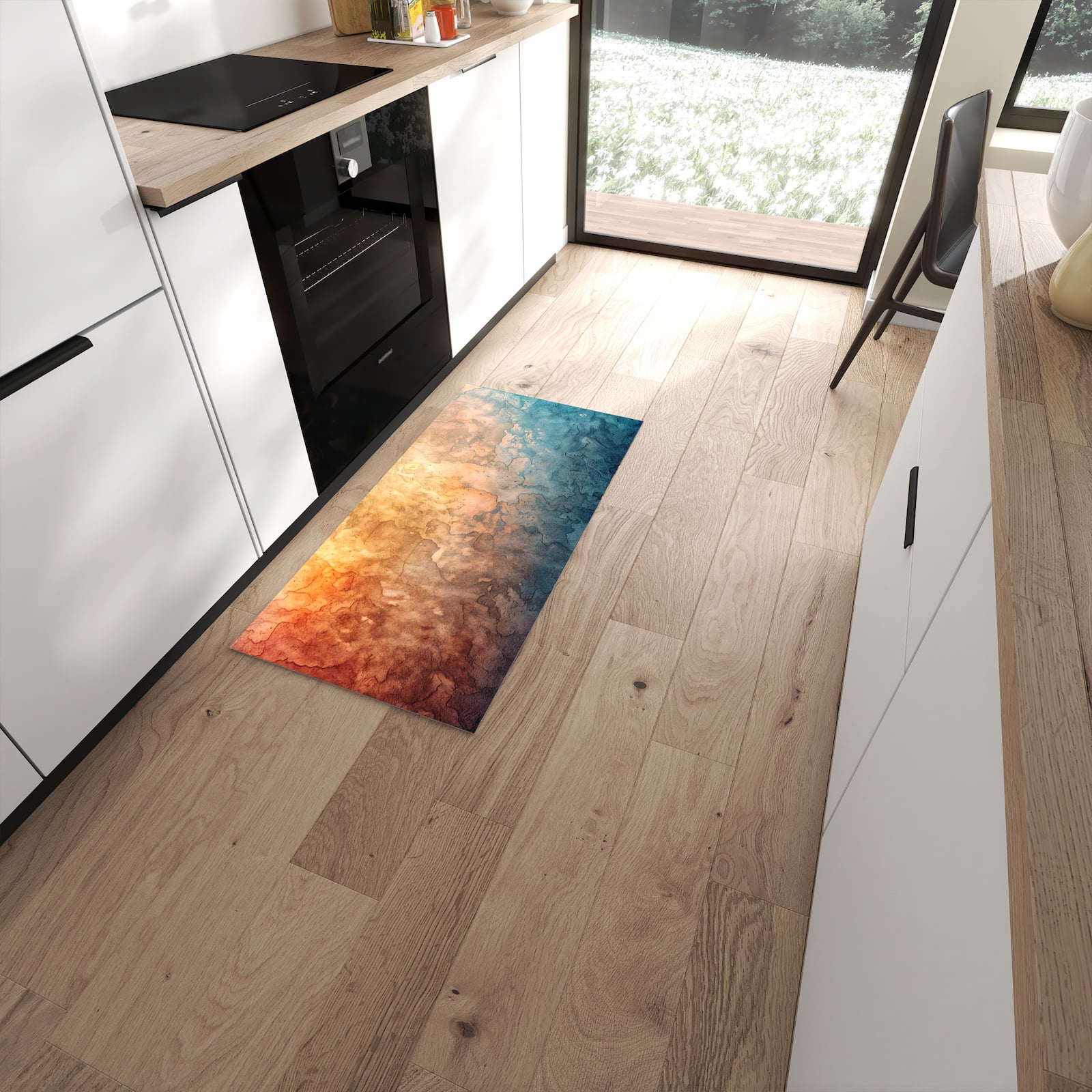 Pflegeleichter Teppich für die Küche mit Motiv Aquarellkunst in moderner Küche #grösse_60 x 120 cm