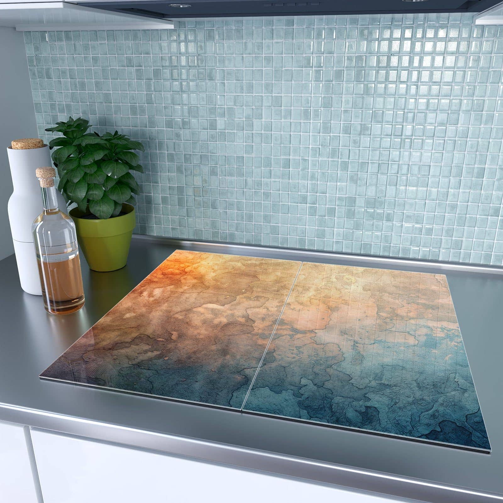 2-teilige Herdabdeckung mit Aquarellkunst-Motiv auf dem Ceranfeld