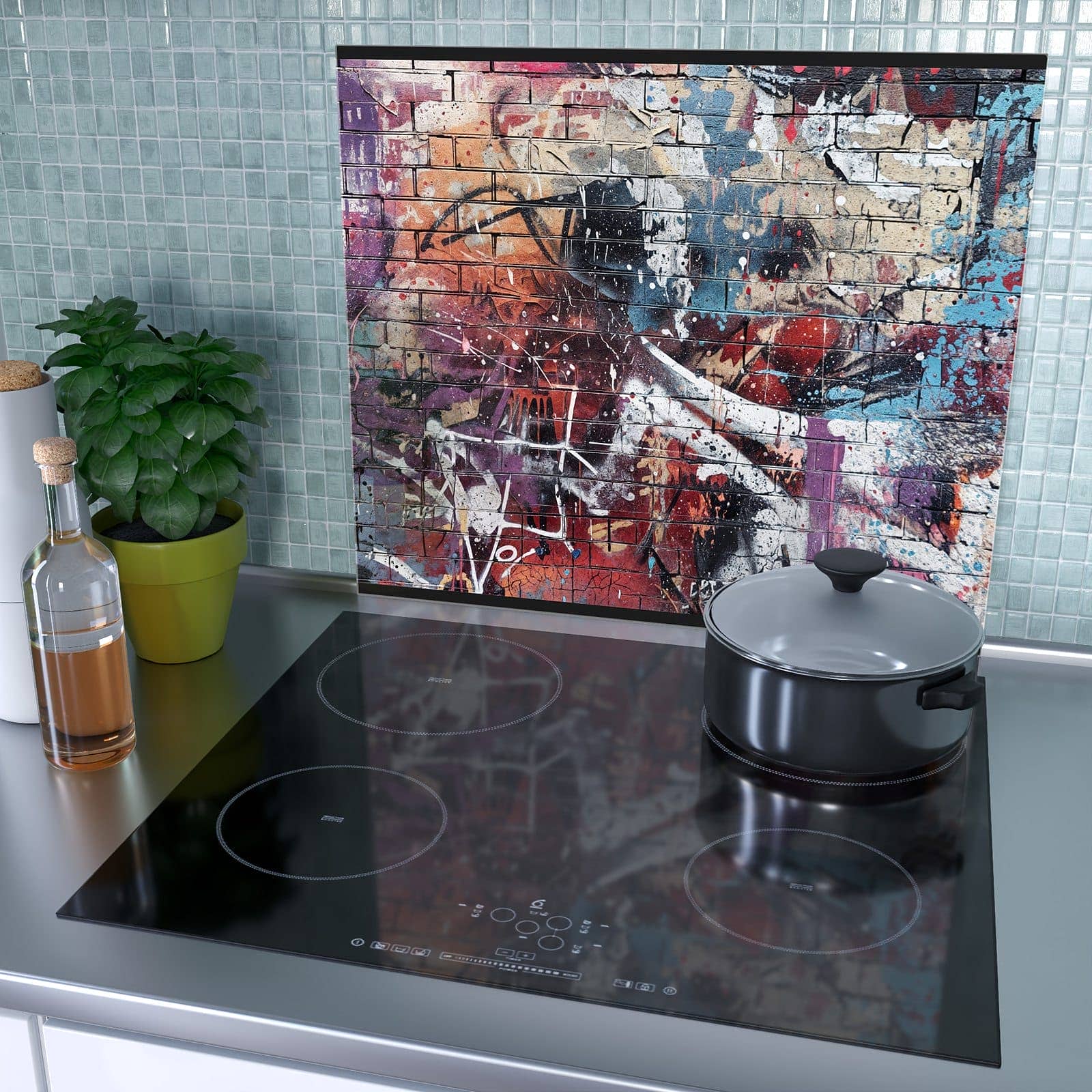 1-teilige Glasabdeckplatte für Ceranfeld mit Graffiti- Mauer-Motiv als Spritzschutz hinter dem Kochfeld
