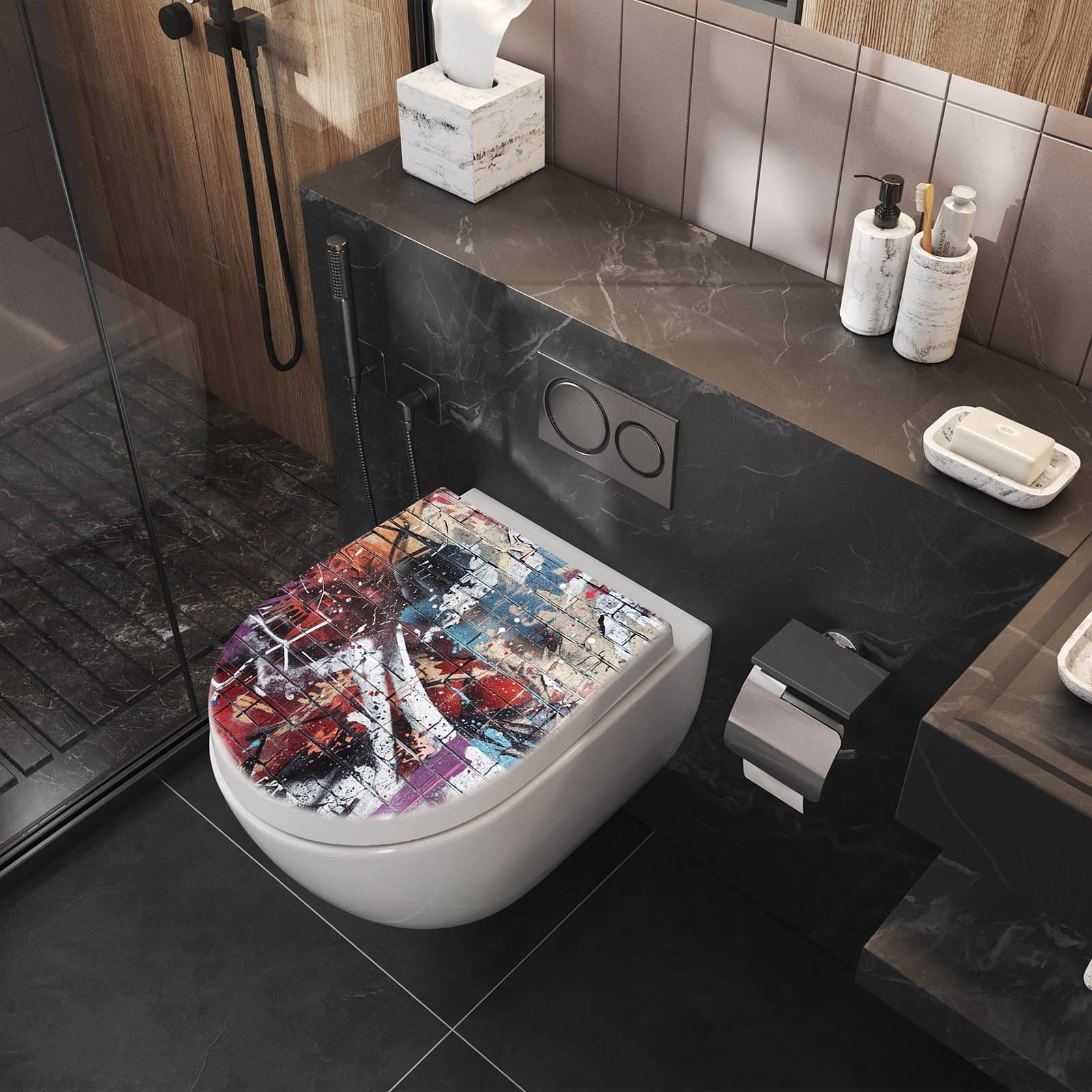 WC-Sitz mit Absenkautomatik Graffiti- Mauer