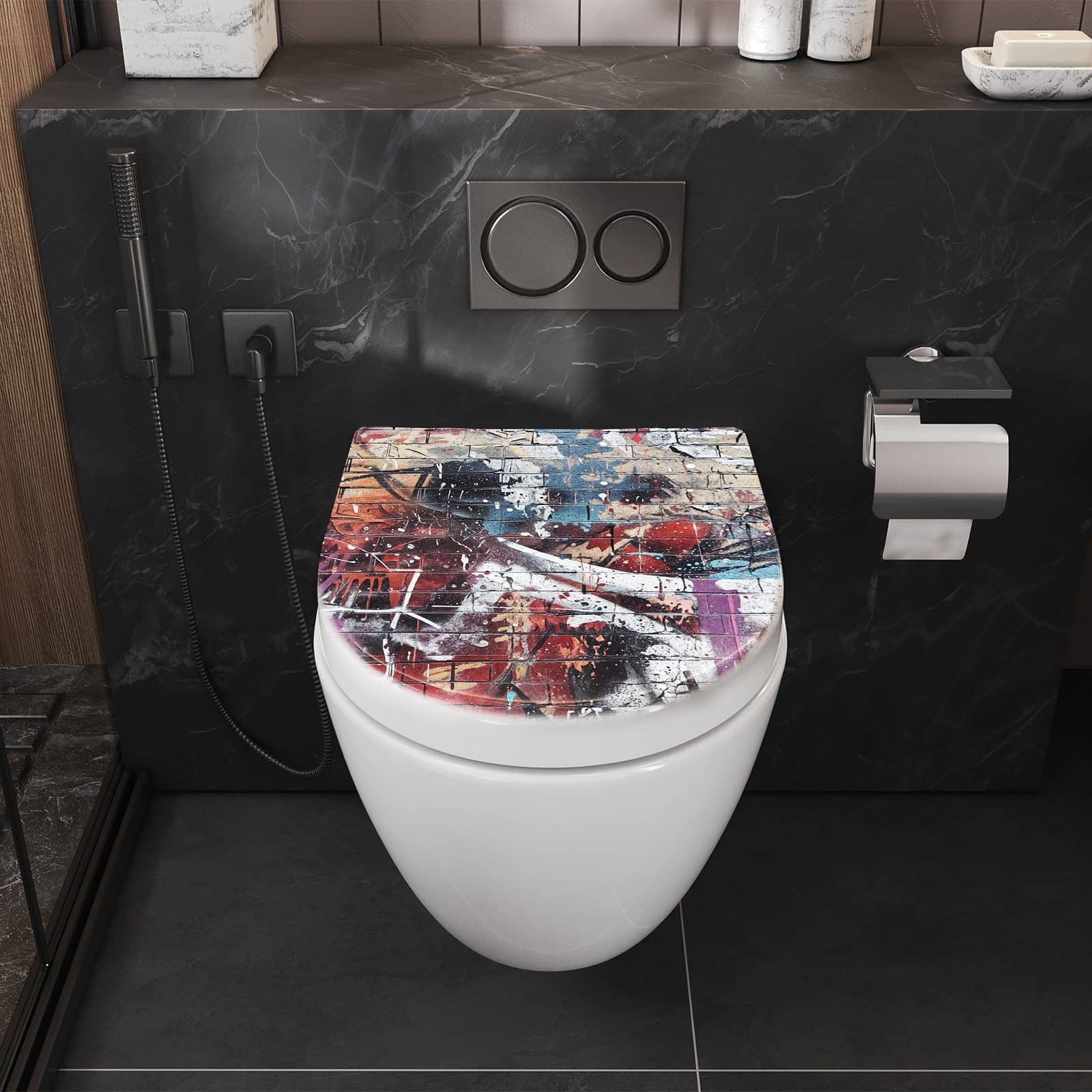 WC-Sitz mit Absenkautomatik Graffiti- Mauer