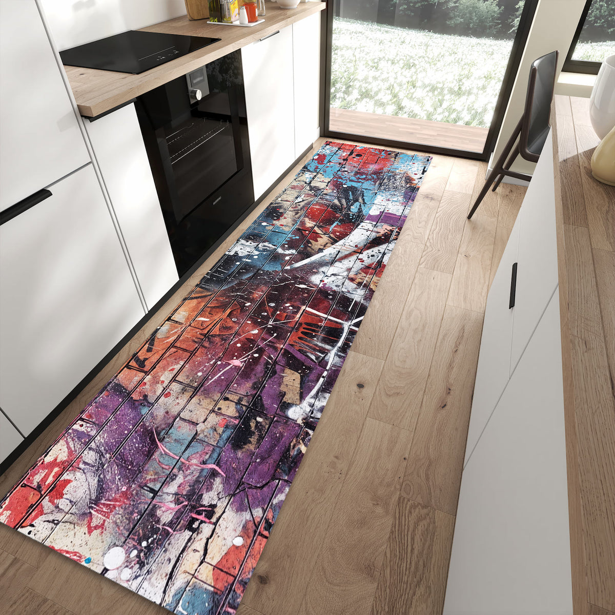 Geruchsneutraler Küchenteppich mit Motiv Graffiti- Mauer in moderner Küche