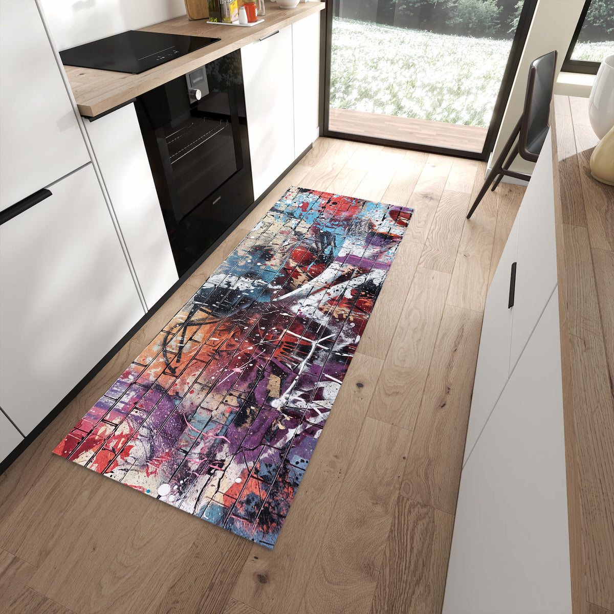 Wasserabweisender Küchenläufer mit Motiv Graffiti- Mauer in moderner Küche