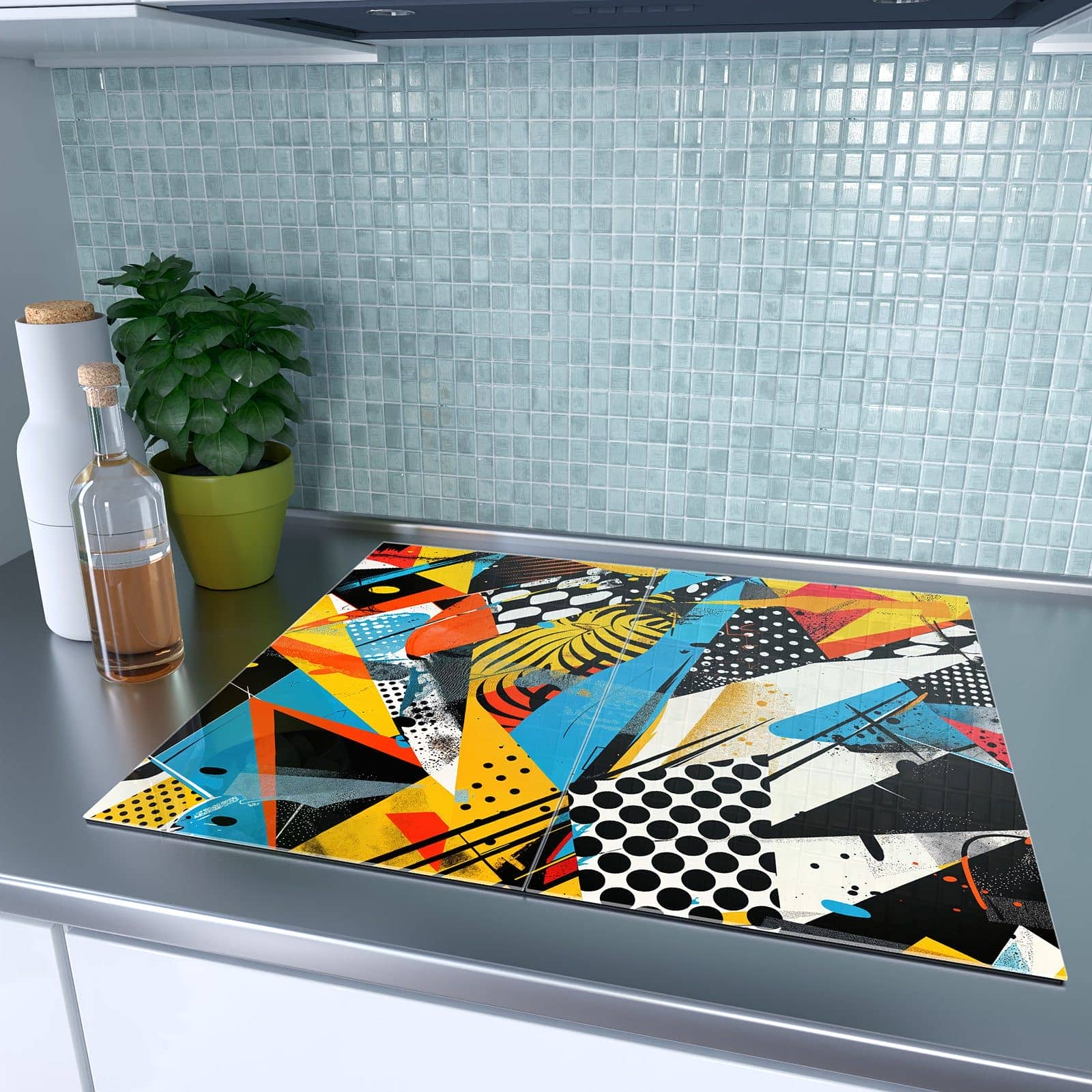 2-teilige Deckplatte aus Glas mit Abstrakte Kunstwerk-Motiv auf dem Ceranfeld