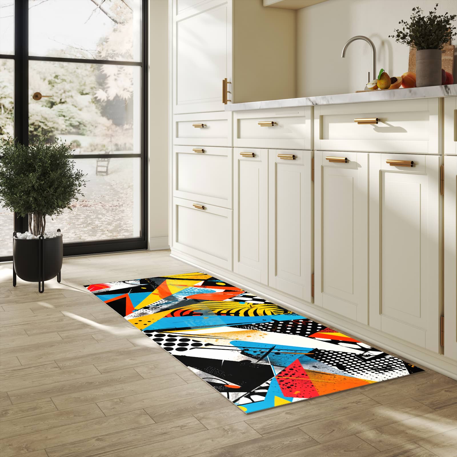 Küchenteppich mit Motiv Kunst des Abstrakte in heller Küche für sicheres Aufbewahren