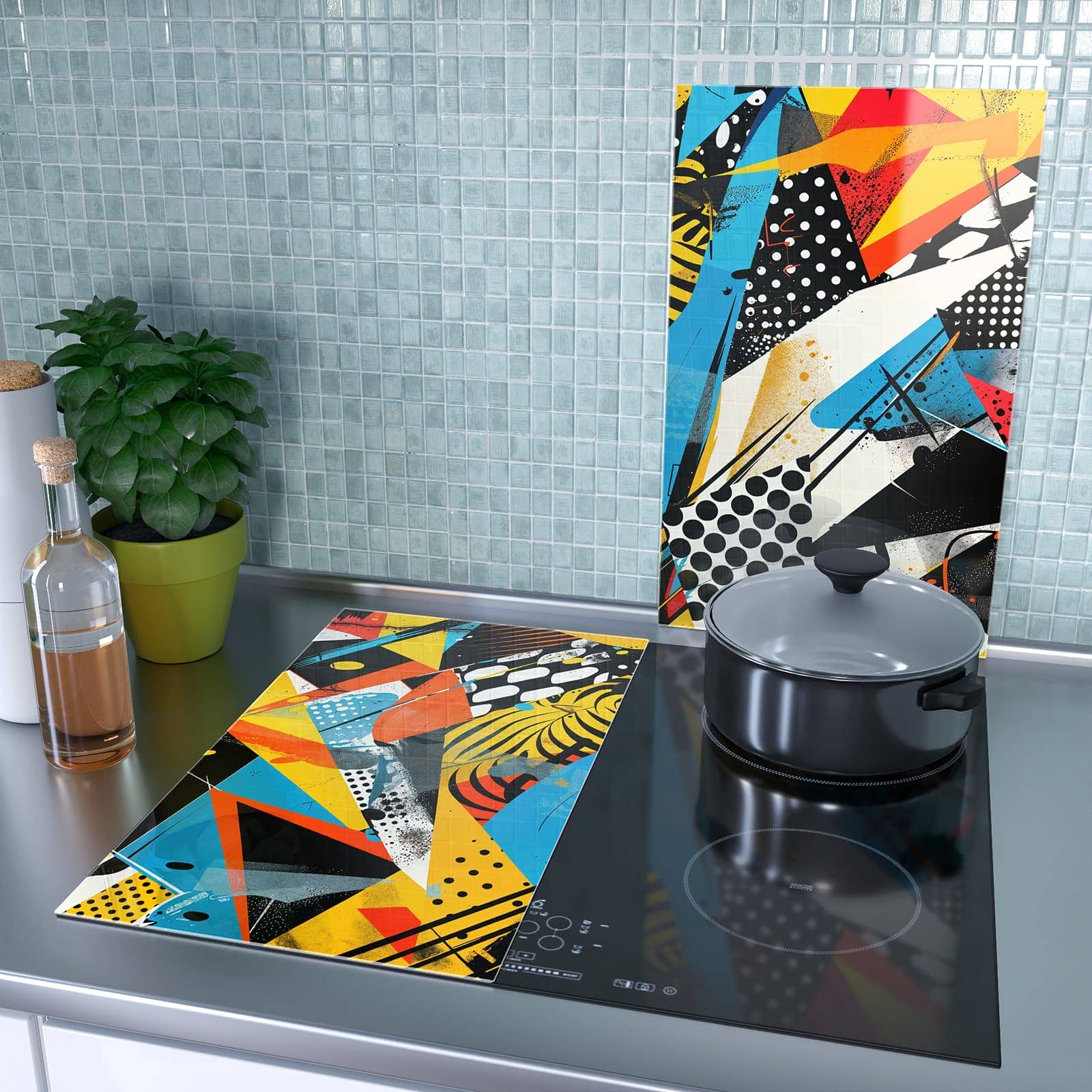 2-teilige Herdabdeckplatte Induktion mit Abstrakte Kunstwerk-Motiv als Spritzschutz hinter dem Kochfeld